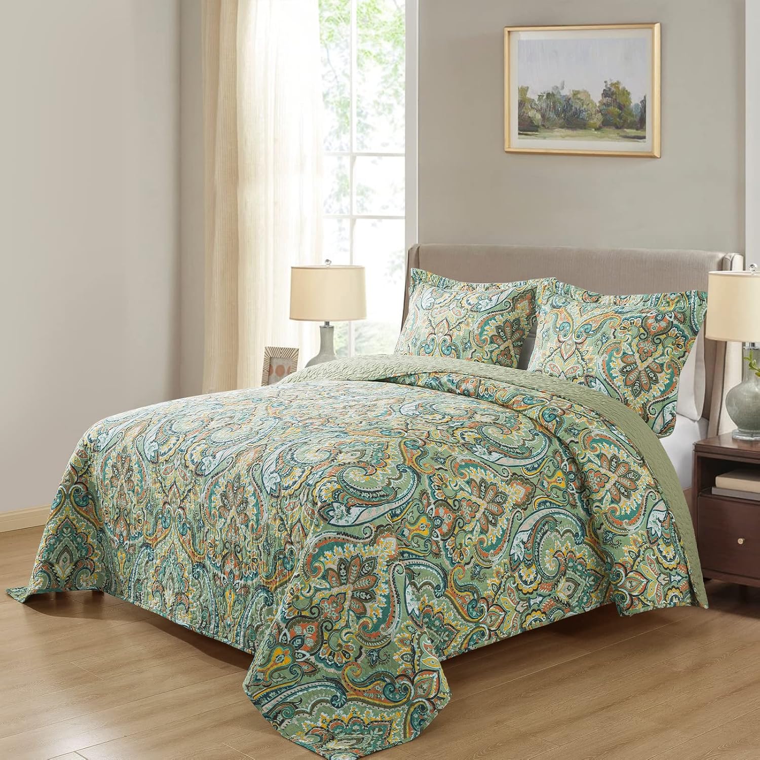 NEWLAKE Reversible Patchwork Quilt Set - European Green Floral California King