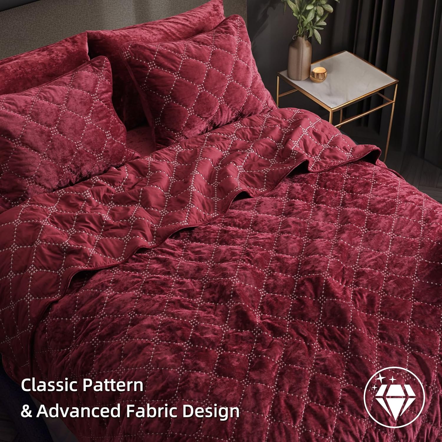 PHF Wine Red Velvet Quilt Set Twin Size