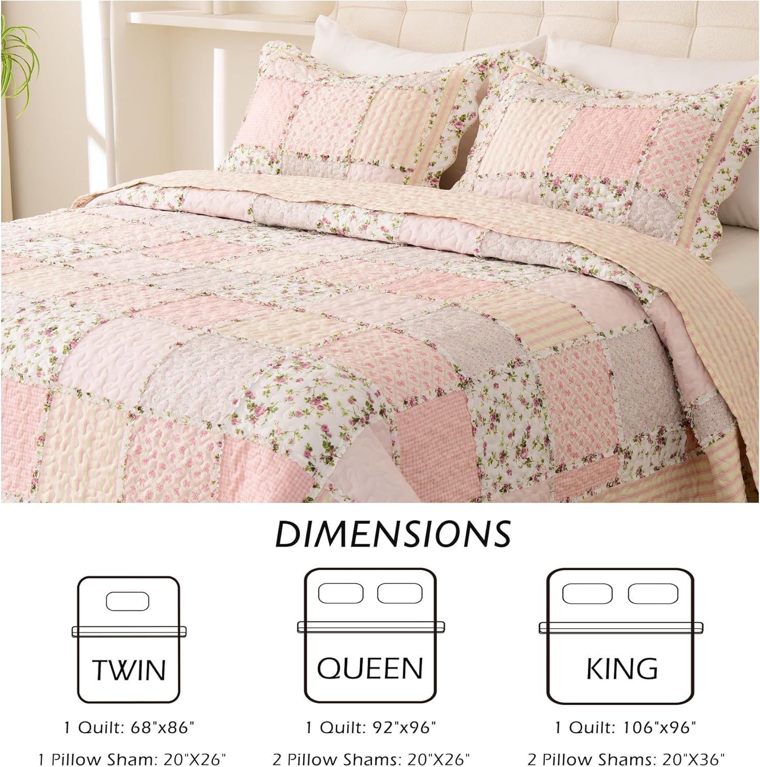 Cmfshape Floral Quilt Bedspread Queen Size 3 Piece Set