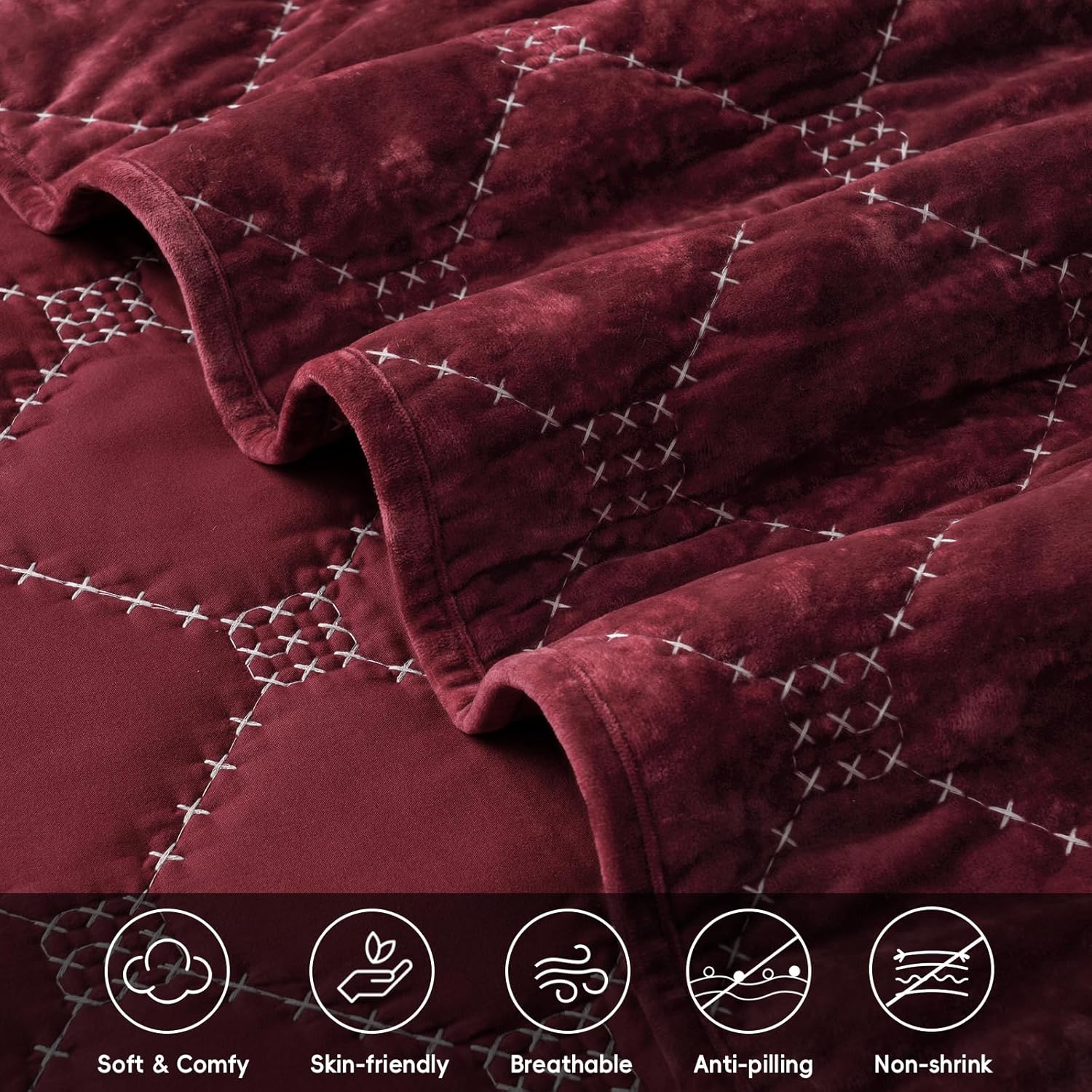 PHF Wine Red Velvet Quilt Set Twin Size