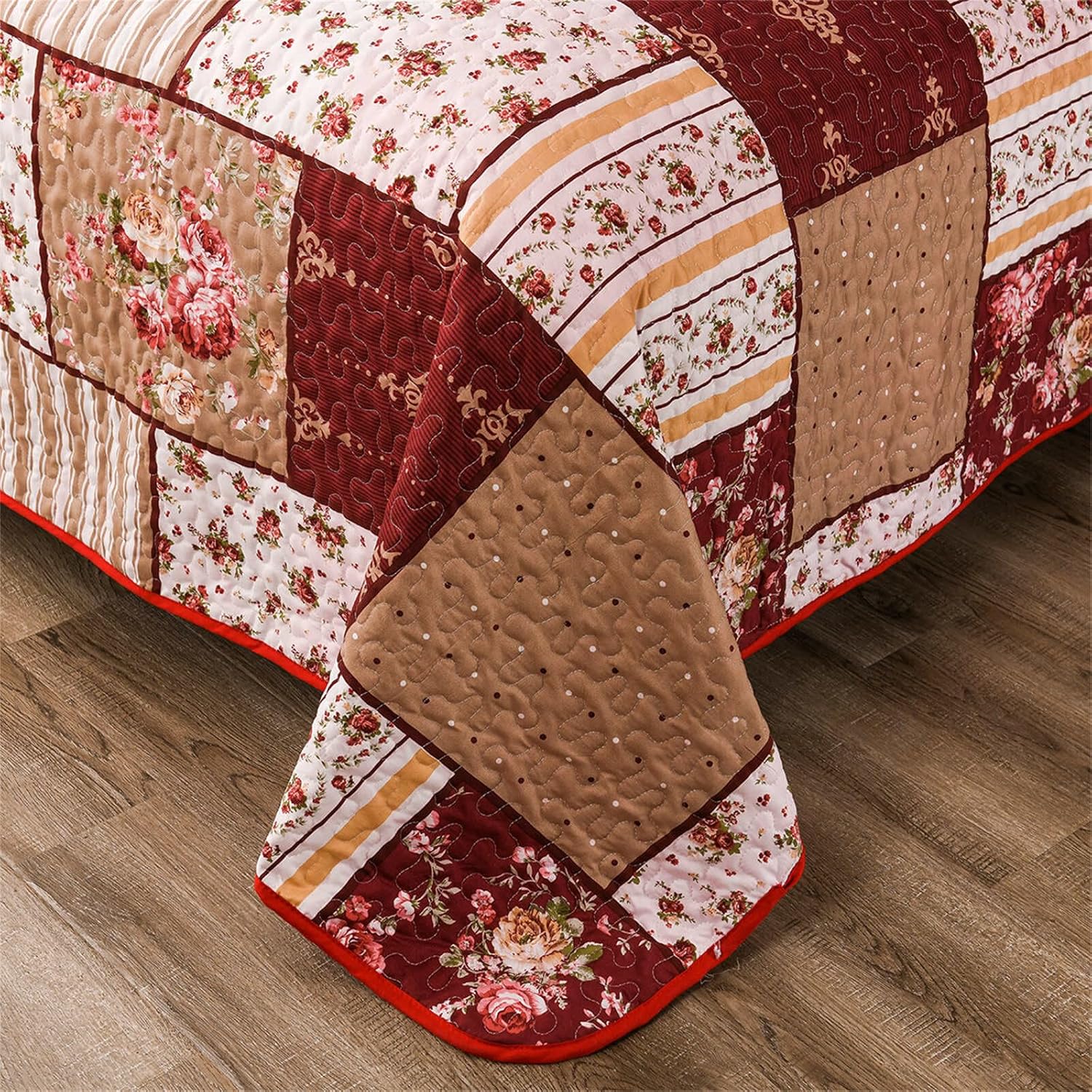 YASMENG 3-Piece Floral Plaid Quilt Set King