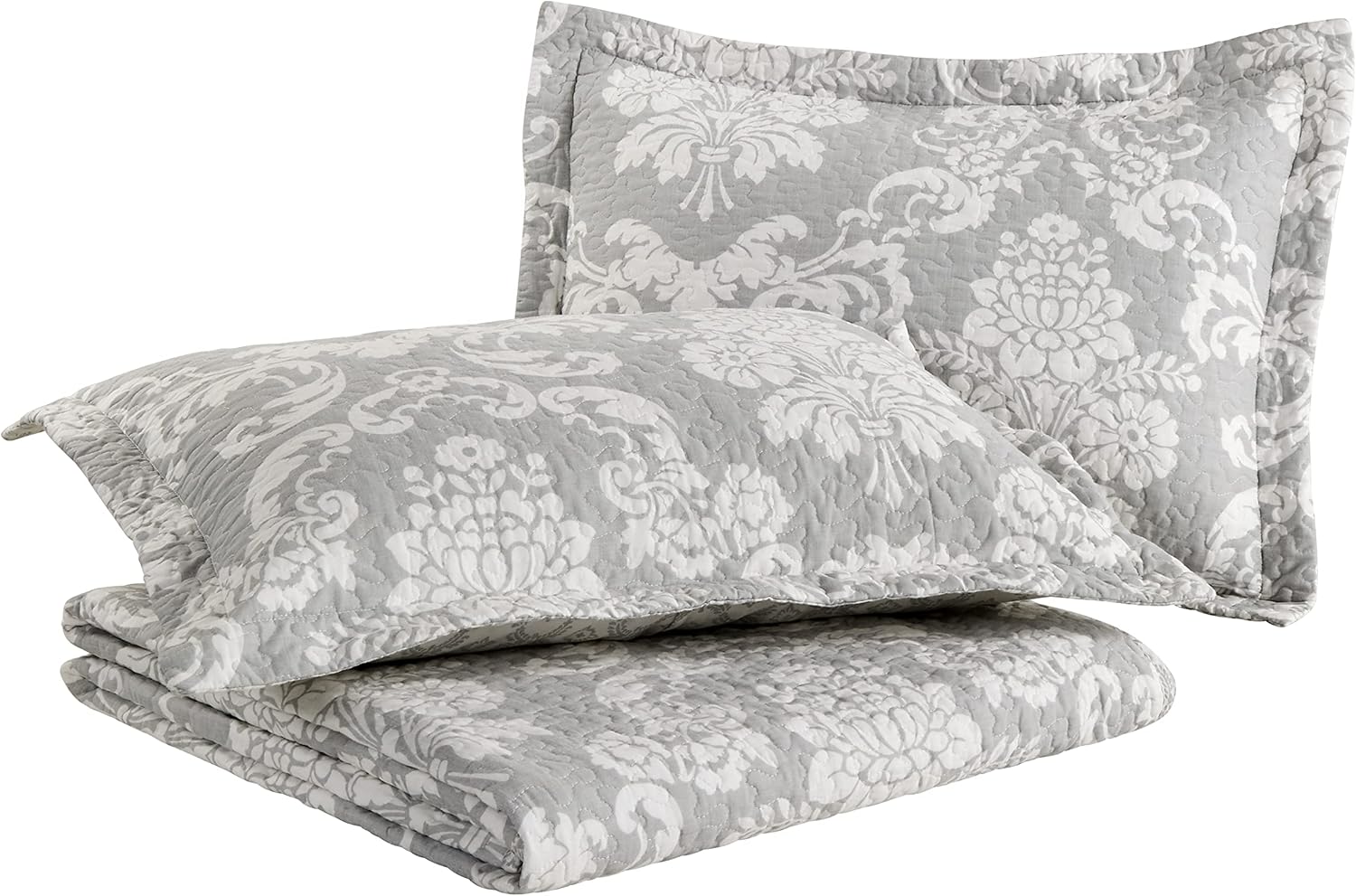 Laura Ashley Queen Quilt Set with Shams Venetia Grey 100 Cotton Reversible Bedding