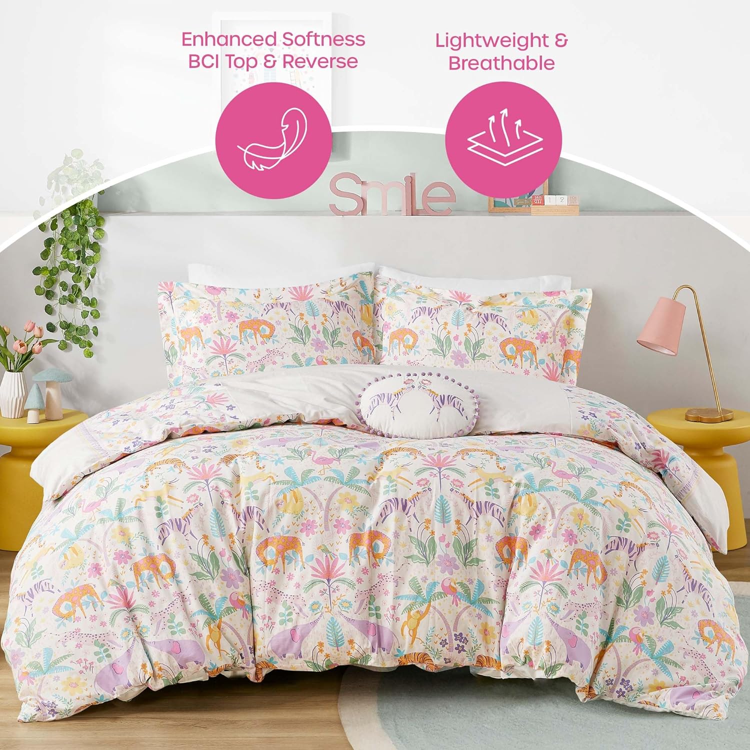 Queen Duvet Cover Set - Jungle Animals Floral Reversible Design