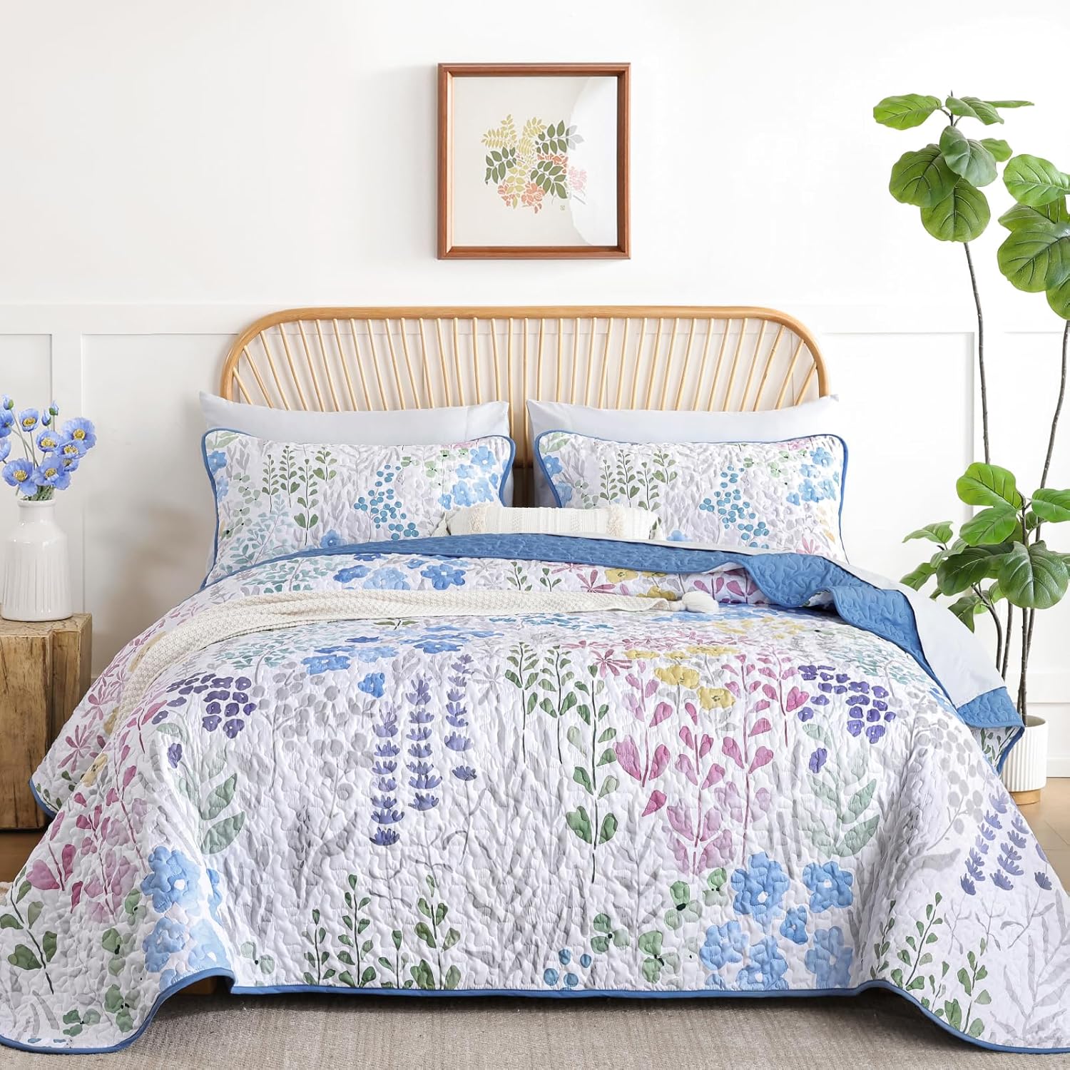 Xruibed Blue Floral Quilt Set 3 Piece King Size 1