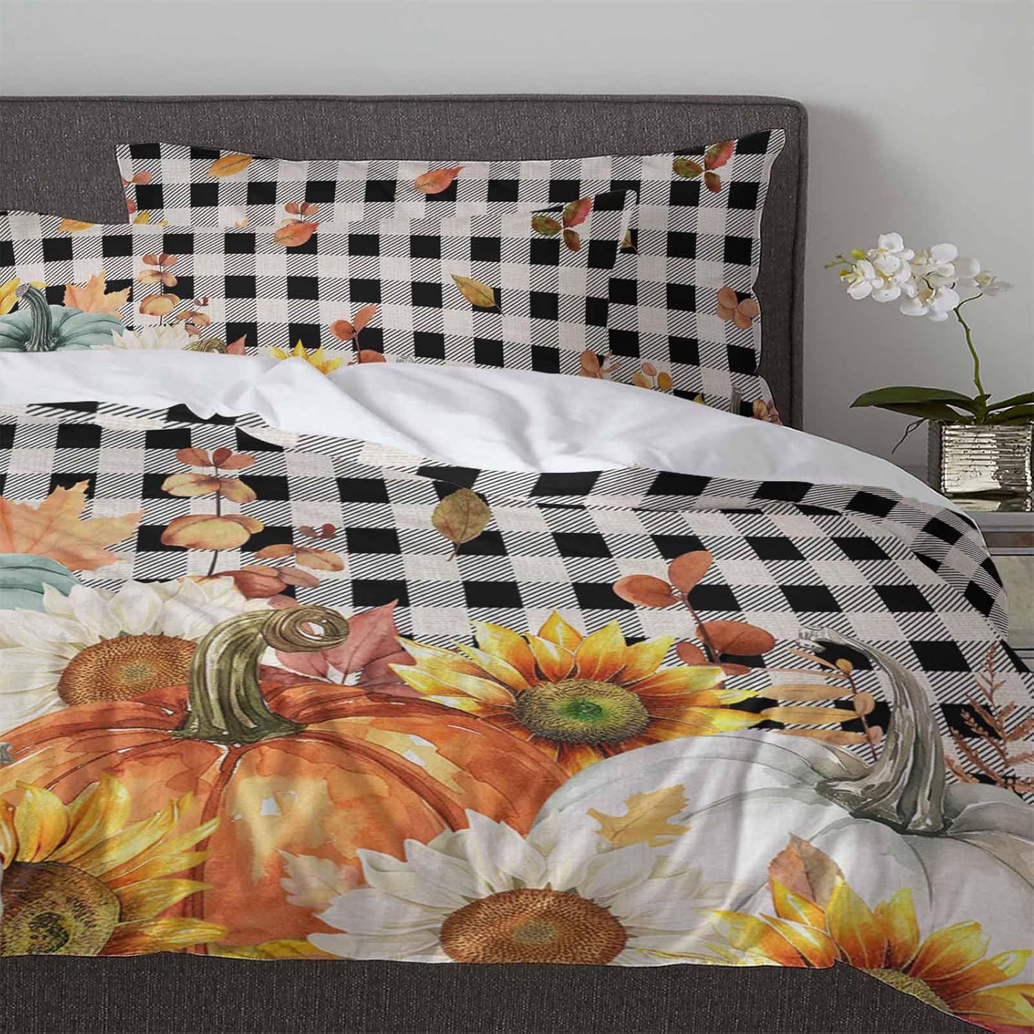 OComster California King Quilt Cover Set with Plaid Sunflower Pattern