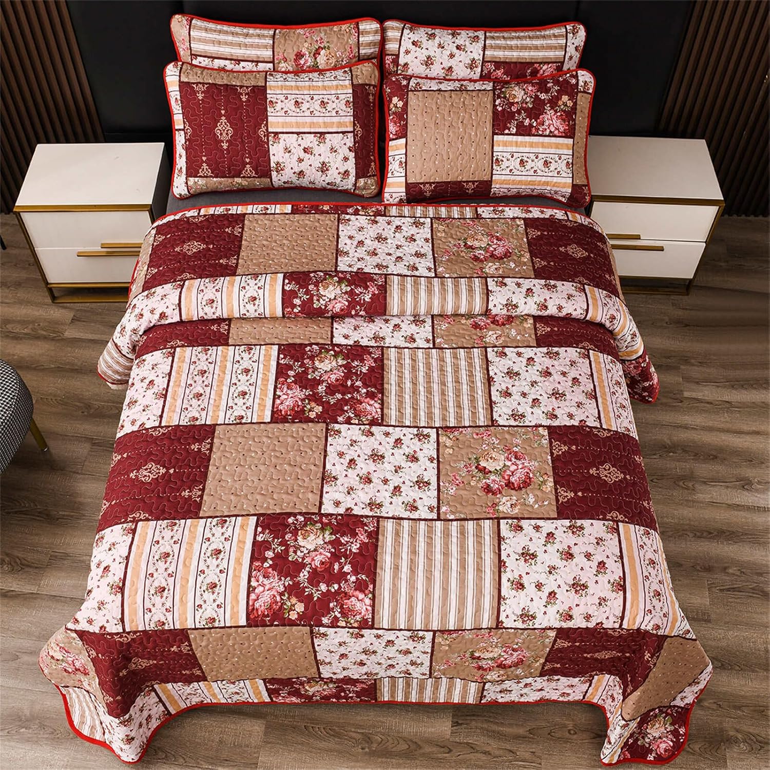 YASMENG 3-Piece Floral Plaid Quilt Set King