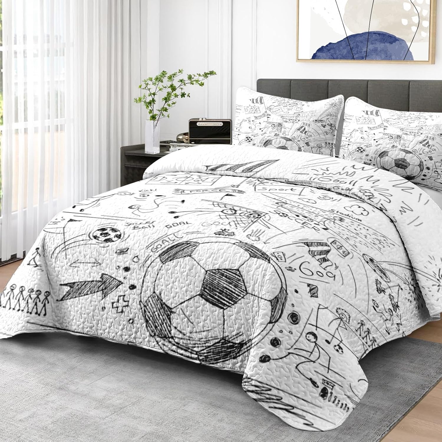 Pamnest Quilt Set Twin Size - Soccer Football Bedding with Pillow Sham