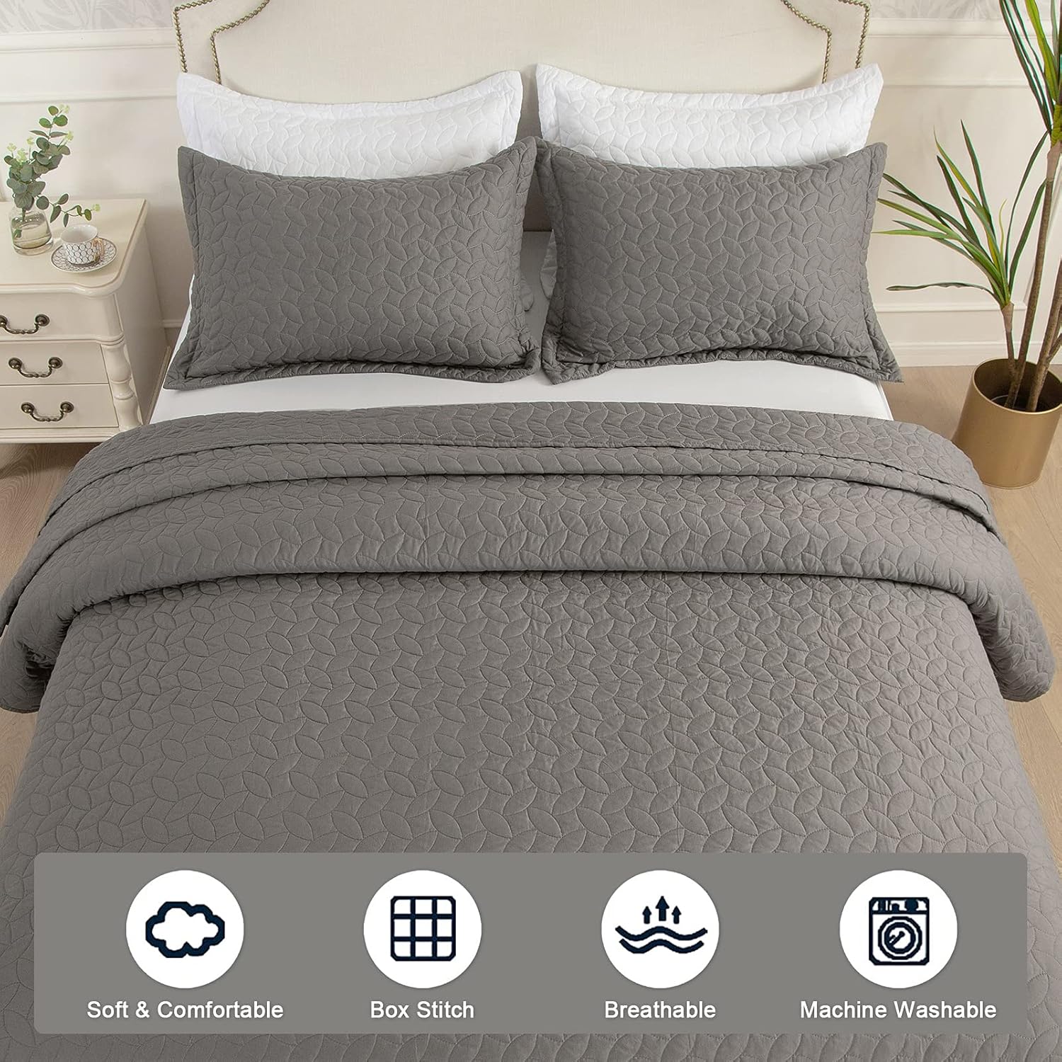 Hygge Hush Summer Quilt Set Dark Grey L Pattern 3 Piece