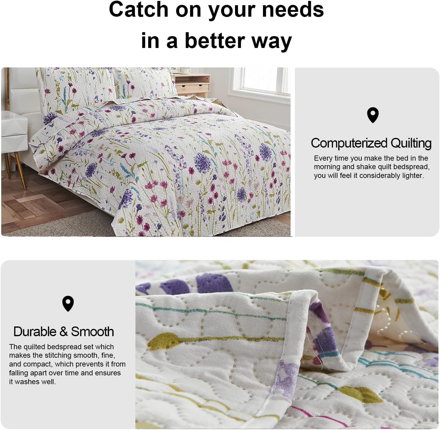 Ycosy Floral Quilt Set Twin Size Summer Reversible Bedspread