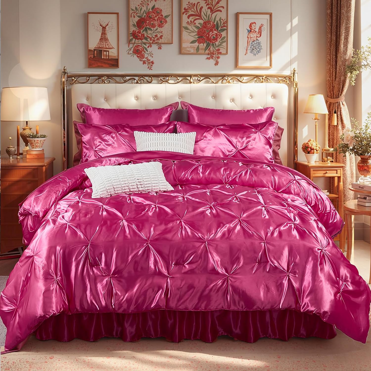 Bedbay Hot Pink Satin Comforter Set 10 Pcs Bed in a Bag