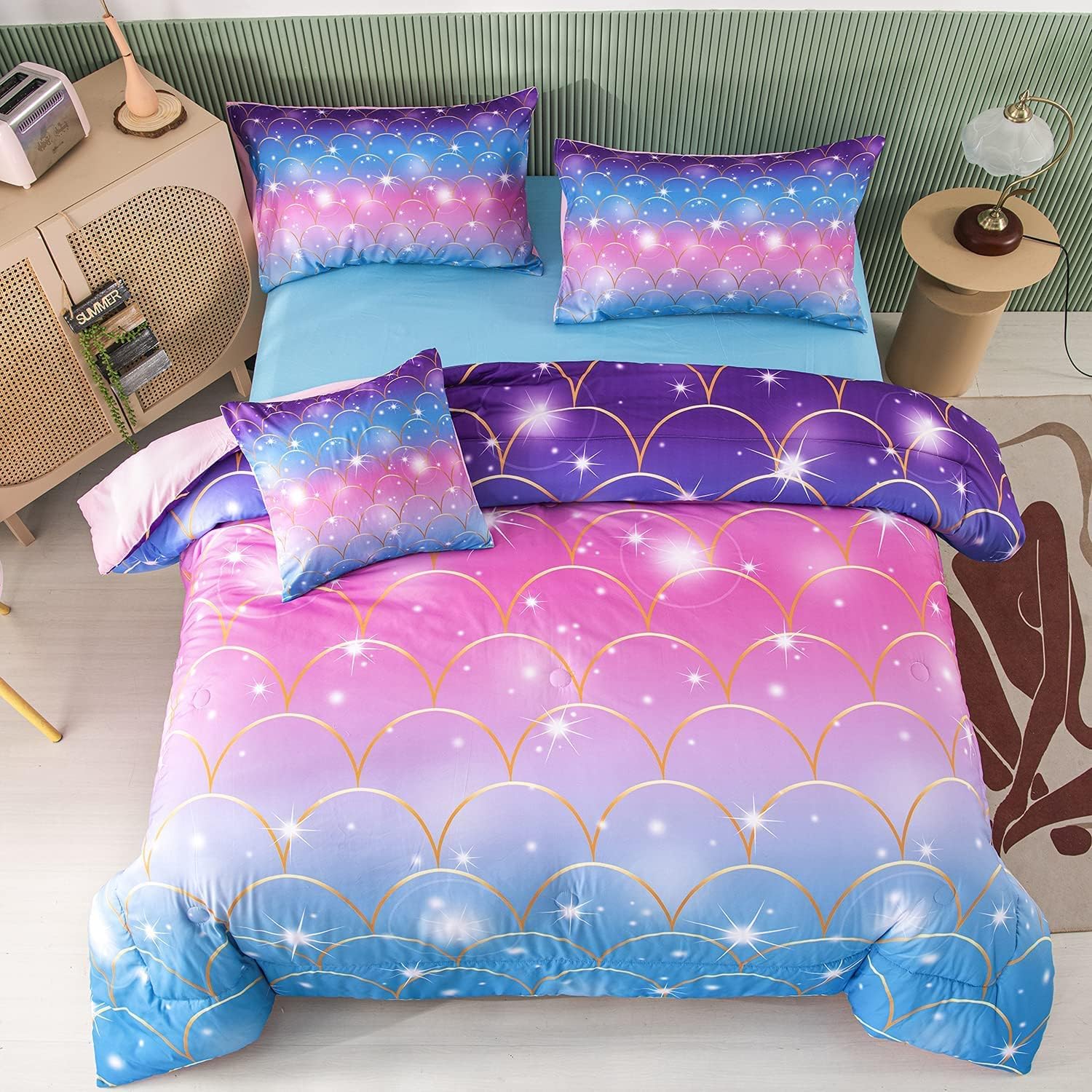 PERFEMET Pink Mermaid Comforter Set Full Size 6 Pieces