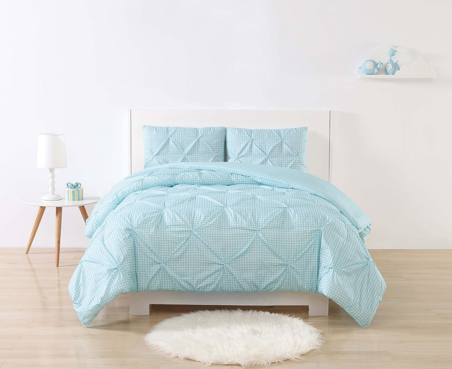 My World Printed Gingham Pinch Pleat Comforter Set Twin XL WhiteAqua