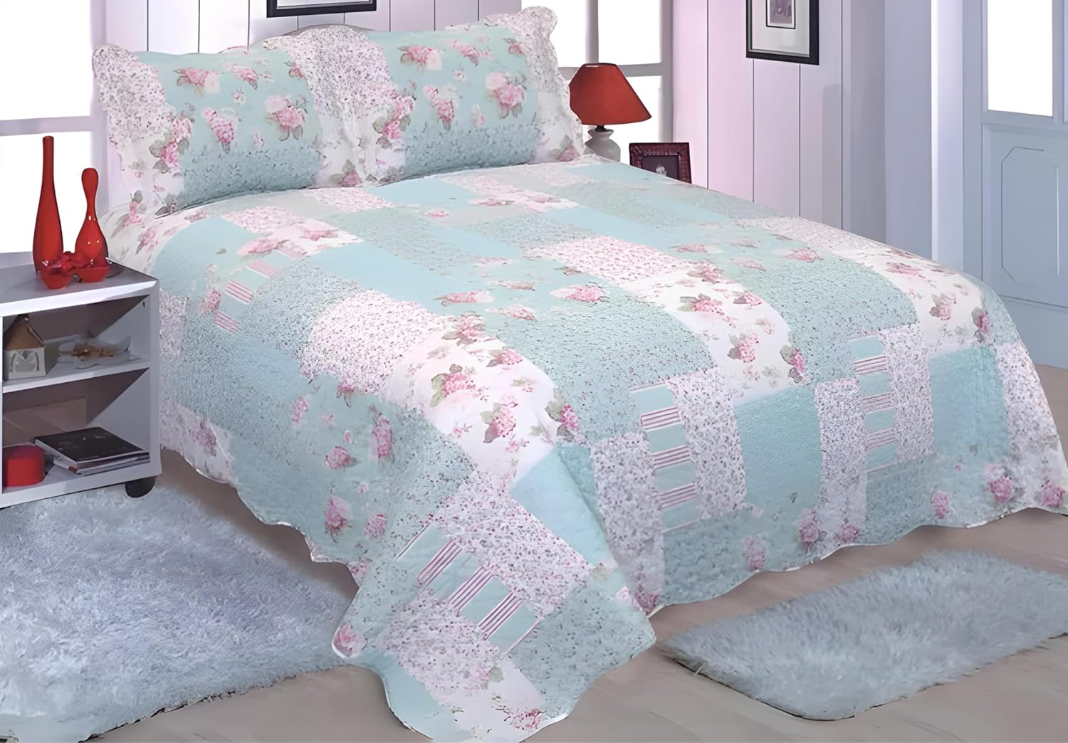 English Roses Quilt Set Reversible 3PCS Queen Size
