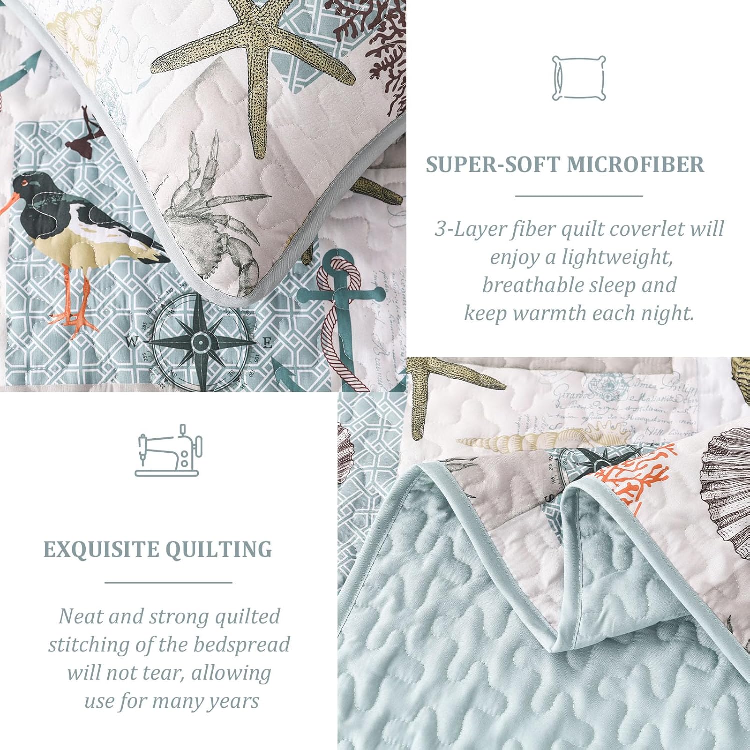 Djoymock Ocean Quilt Set Queen 3 Piece Summer Bedding