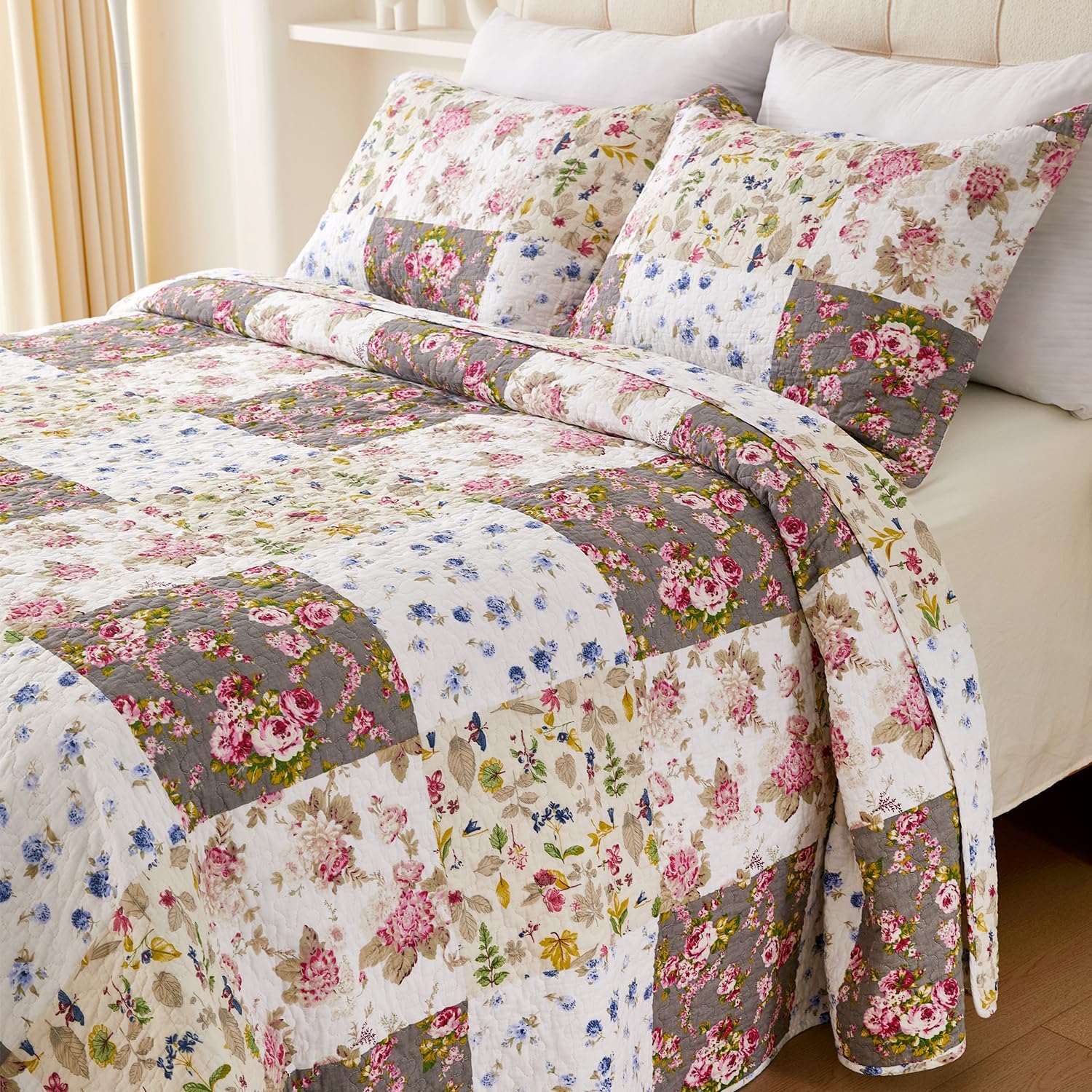 EVENHUG 100 Cotton Floral Queen Quilt Set 3 Pieces