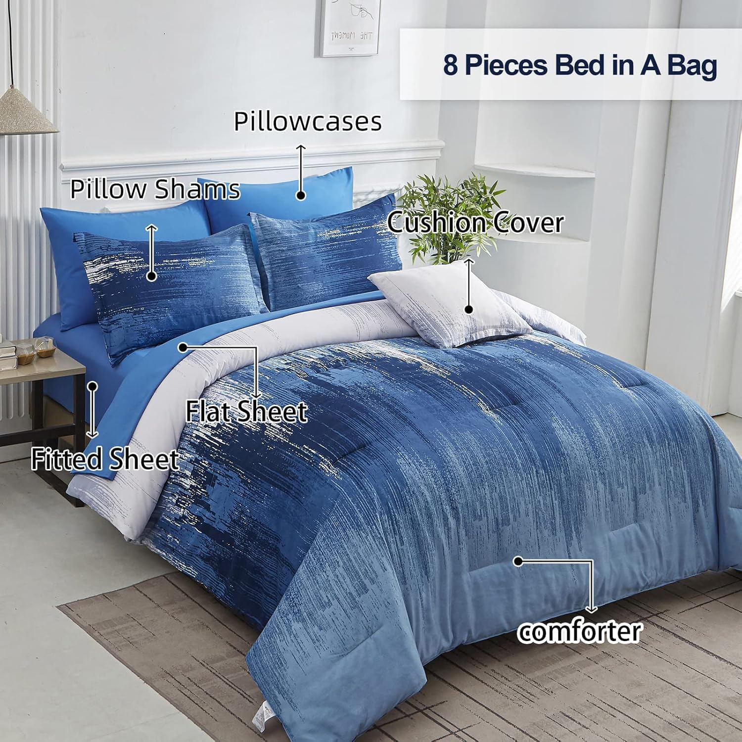 Dinjoy Ombre Blue Comforter Set Twin Size Reversible
