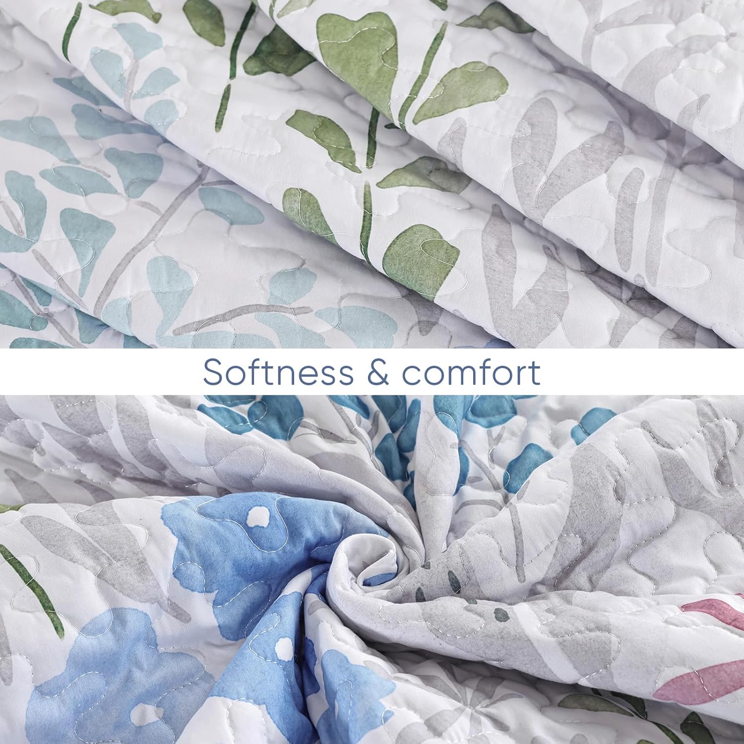 Xruibed Blue Floral Quilt Set 3 Piece King Size 1