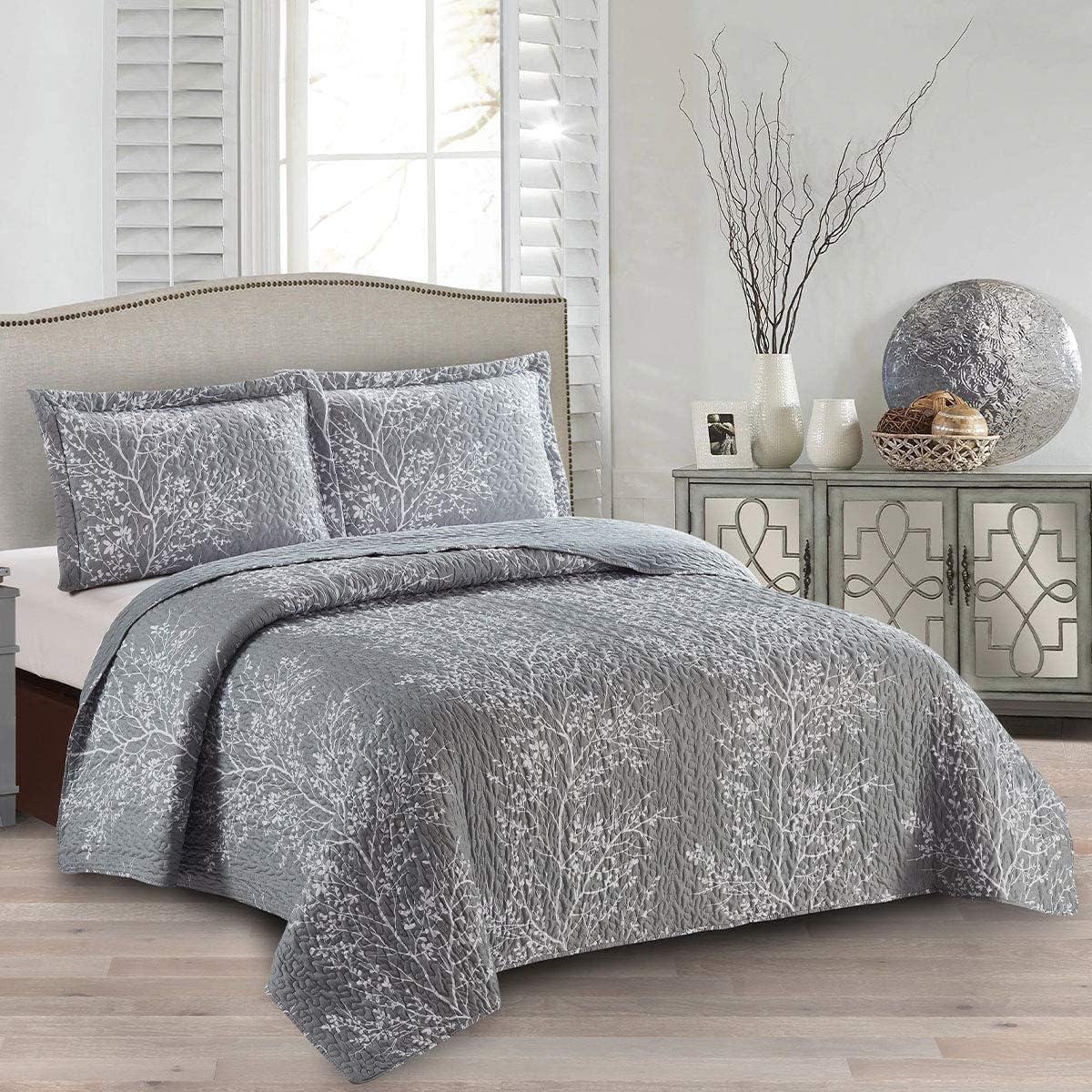 Royal Tradition 5PC Bedspread Set - Twin XL Odette Grey Quilted Microfiber