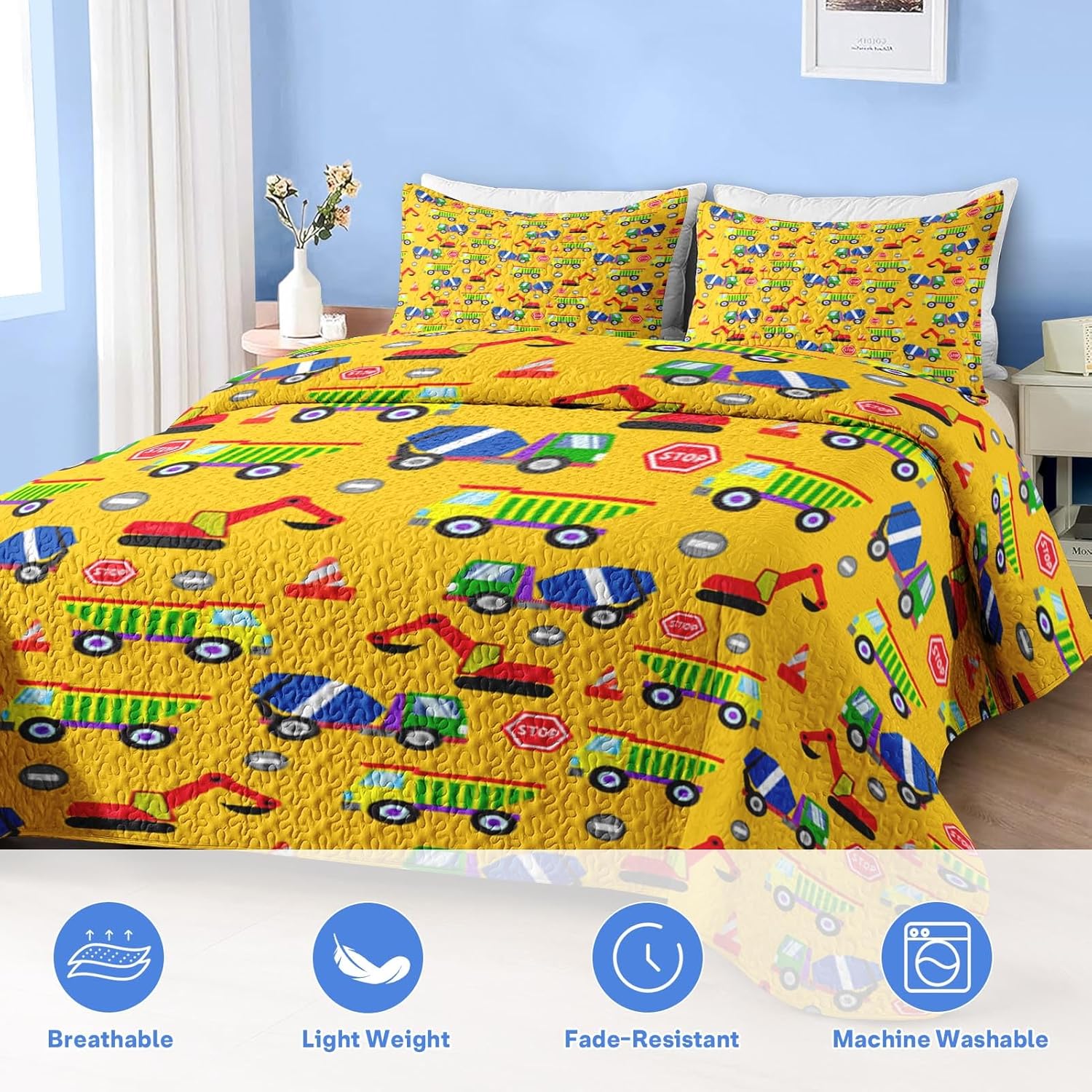 Pamnest Quilt Set Full Queen Size Cartoon Construction Car 3 Pcs