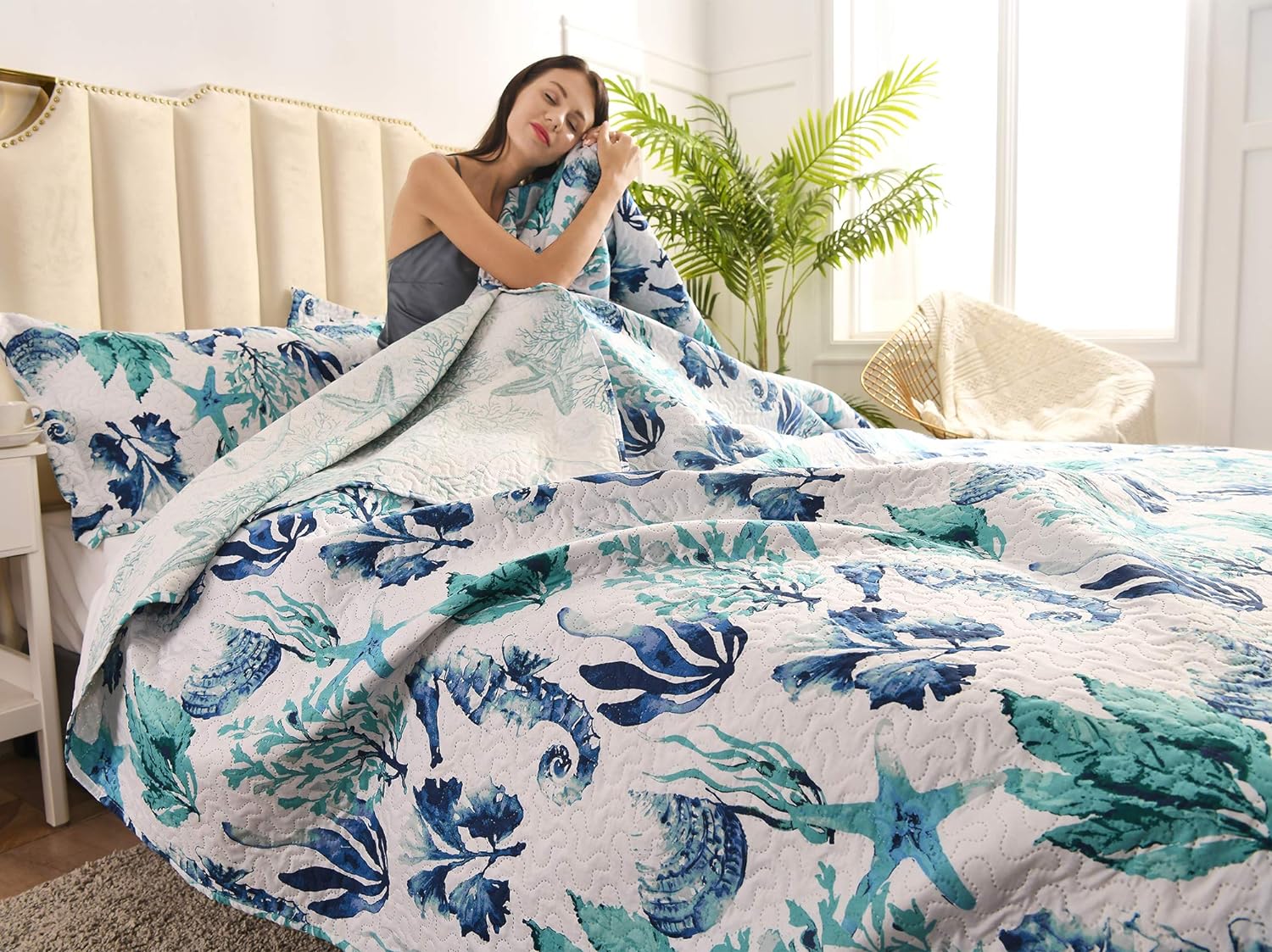 Coastal Bedding Set Queen Reversible Quilts Coverlet