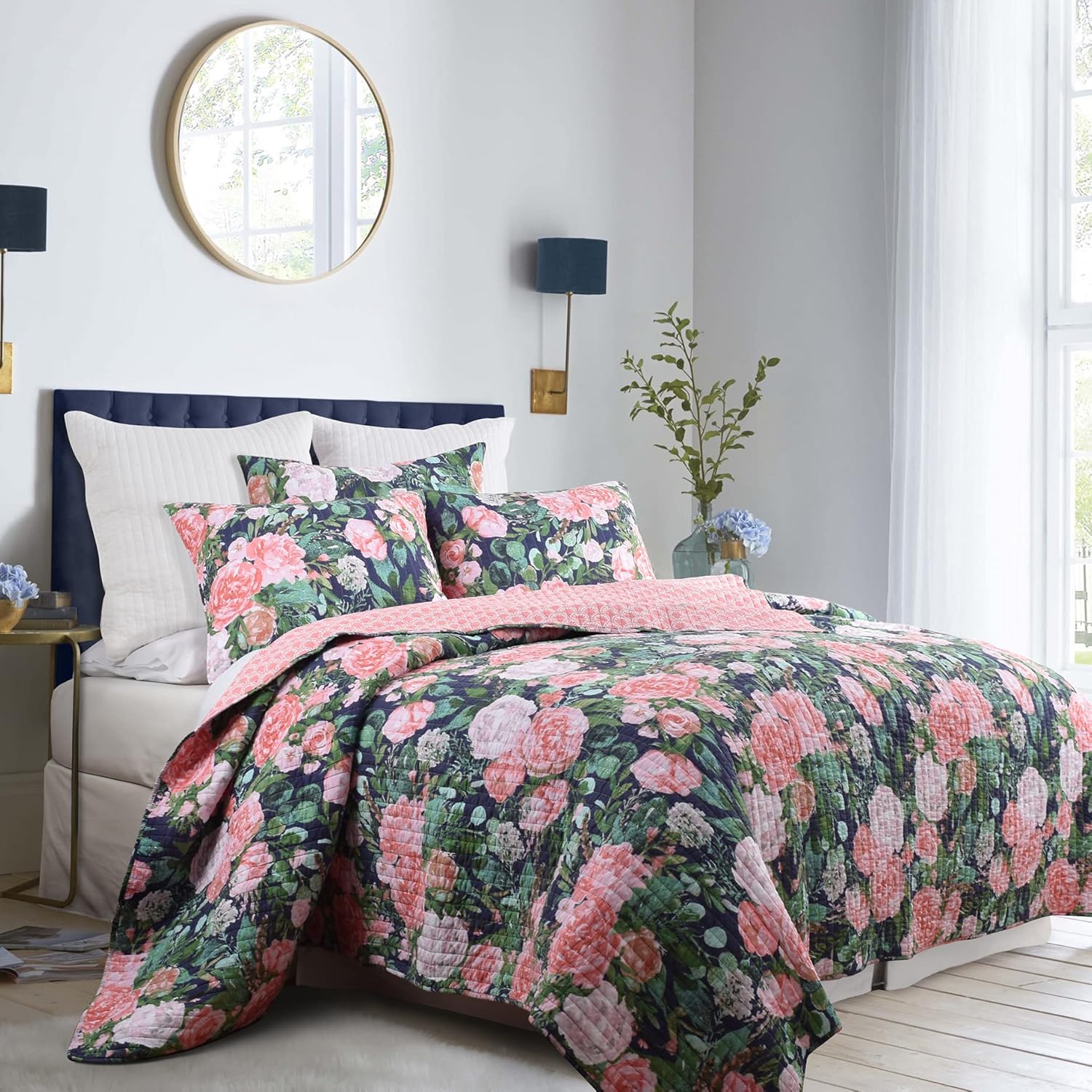 King Quilt Set 3-Piece Reversible Cotton Bedspread with Shams