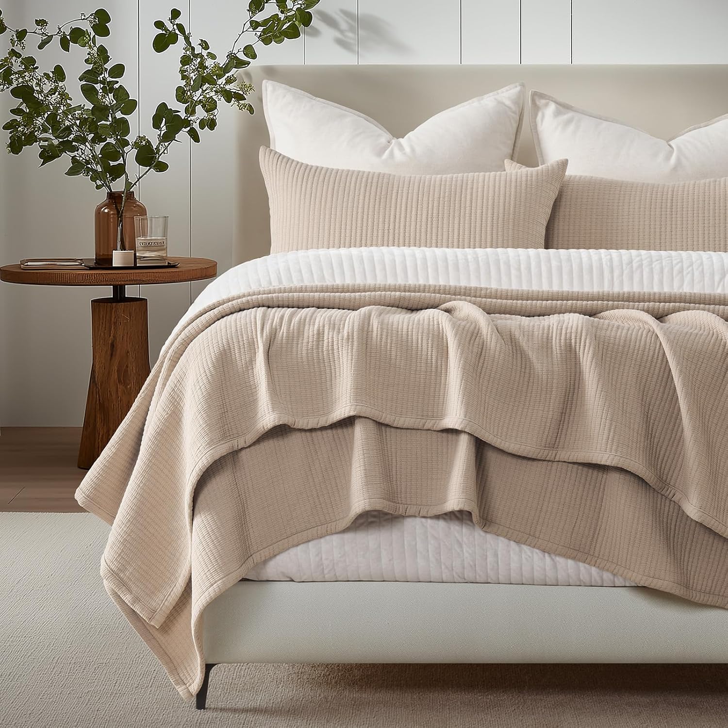 EVERGRACEHOME Cotton Gauze Bedspread Set Khaki Tan 2 Shams