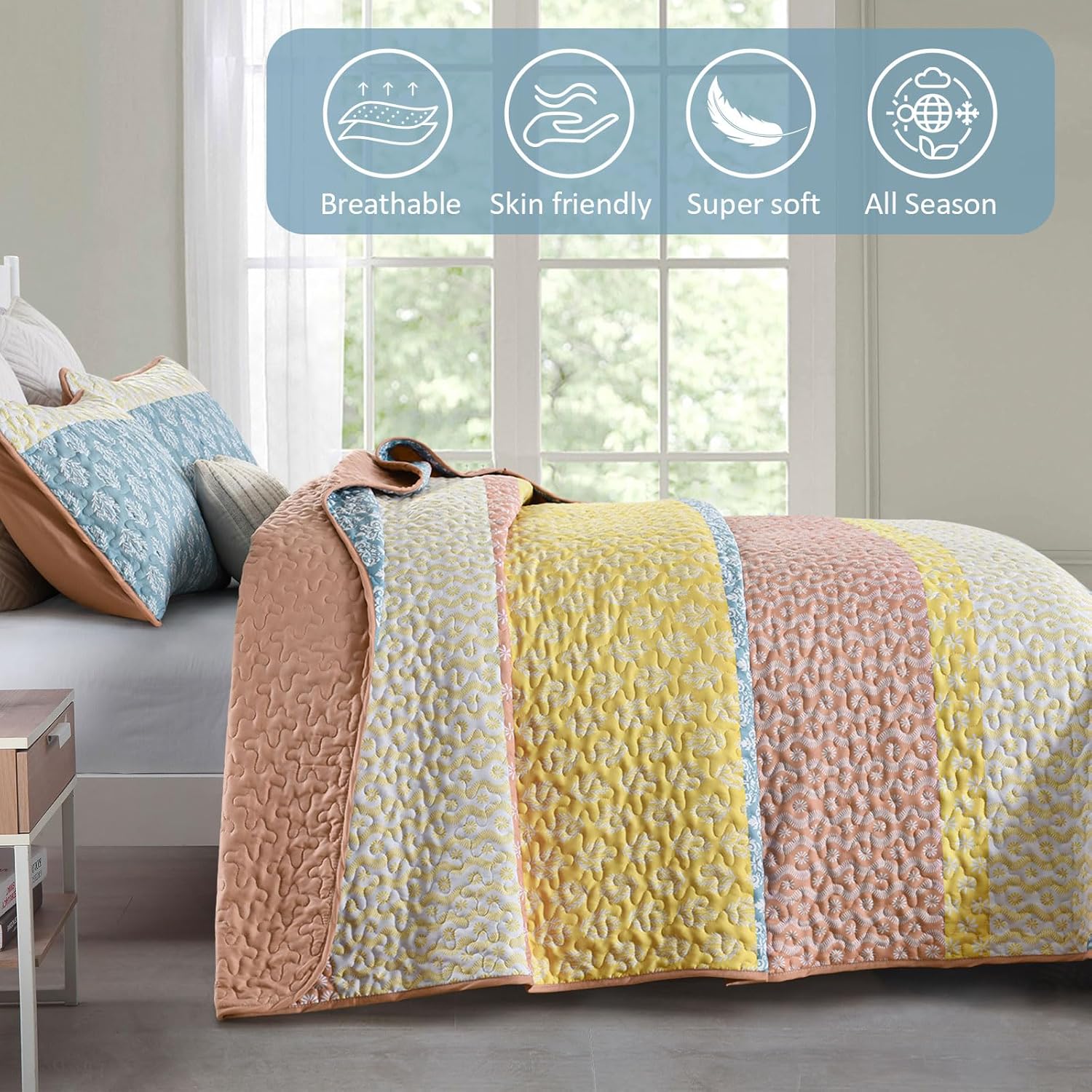 Boho Queen Quilt Set with 3 Pieces Striped Coverlet