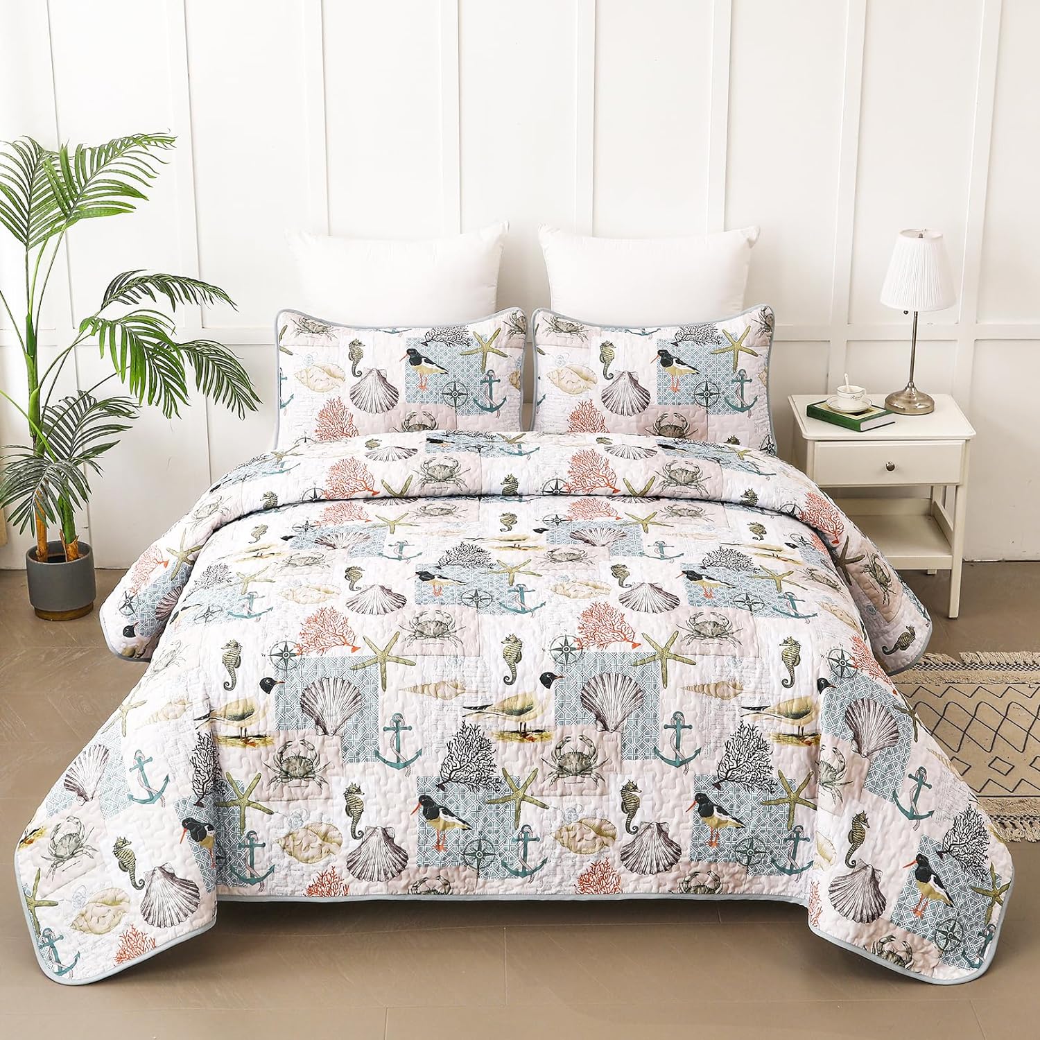 Djoymock Ocean Quilt Set Queen 3 Piece Summer Bedding