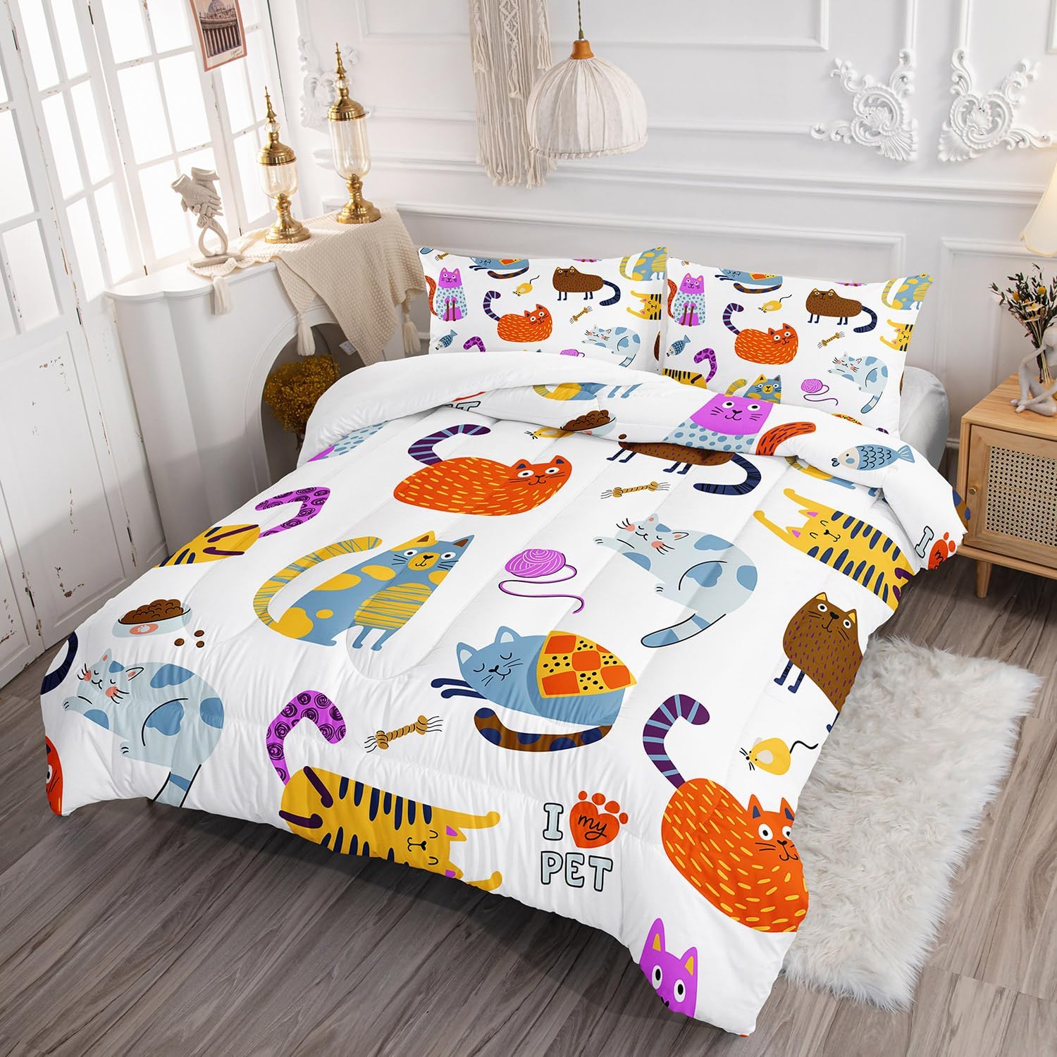 Kids Kawaii Cat Comforter Set 3Pcs Full Size
