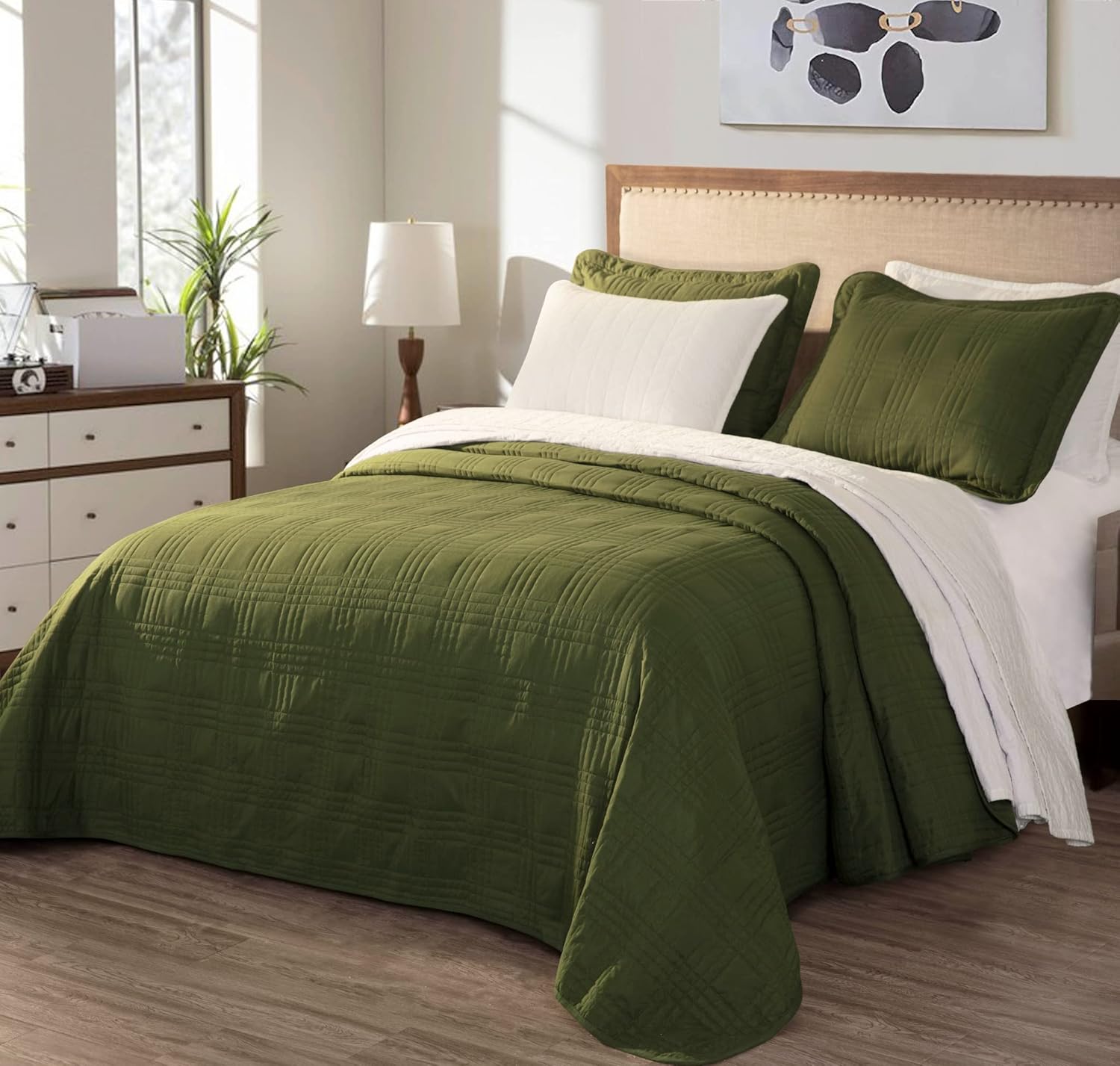 Chezmoi Collection Cypress Green Bedspread Set 3-Piece King Size