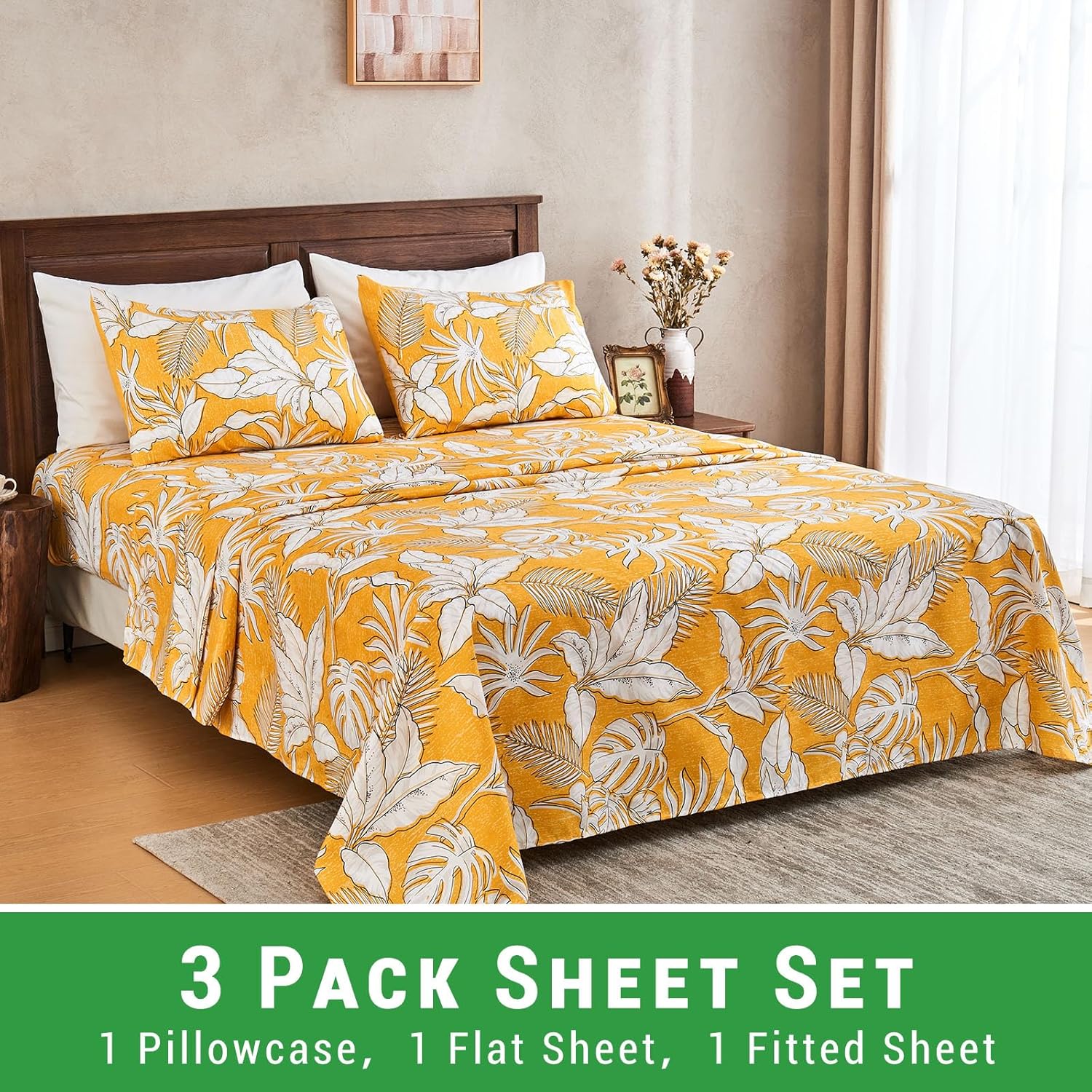 Gogreen 3PC Twin XL Sheet Set - Yellow Leaves