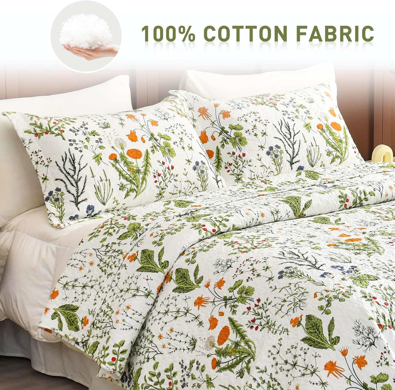 Lady Ann 100 Cotton Floral Queen Quilt Set - Yellow Flowers Leaves