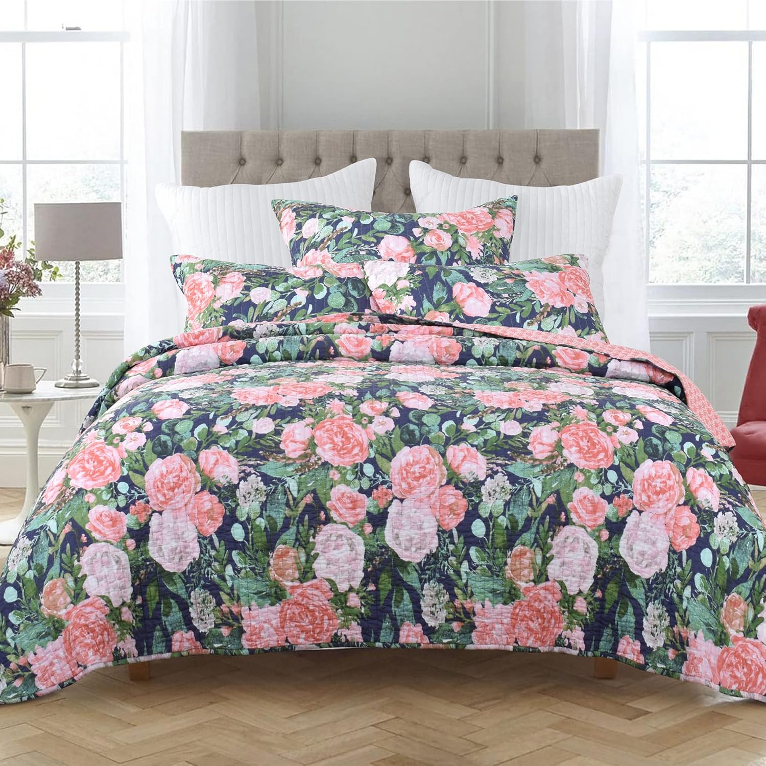 King Quilt Set 3-Piece Reversible Cotton Bedspread with Shams