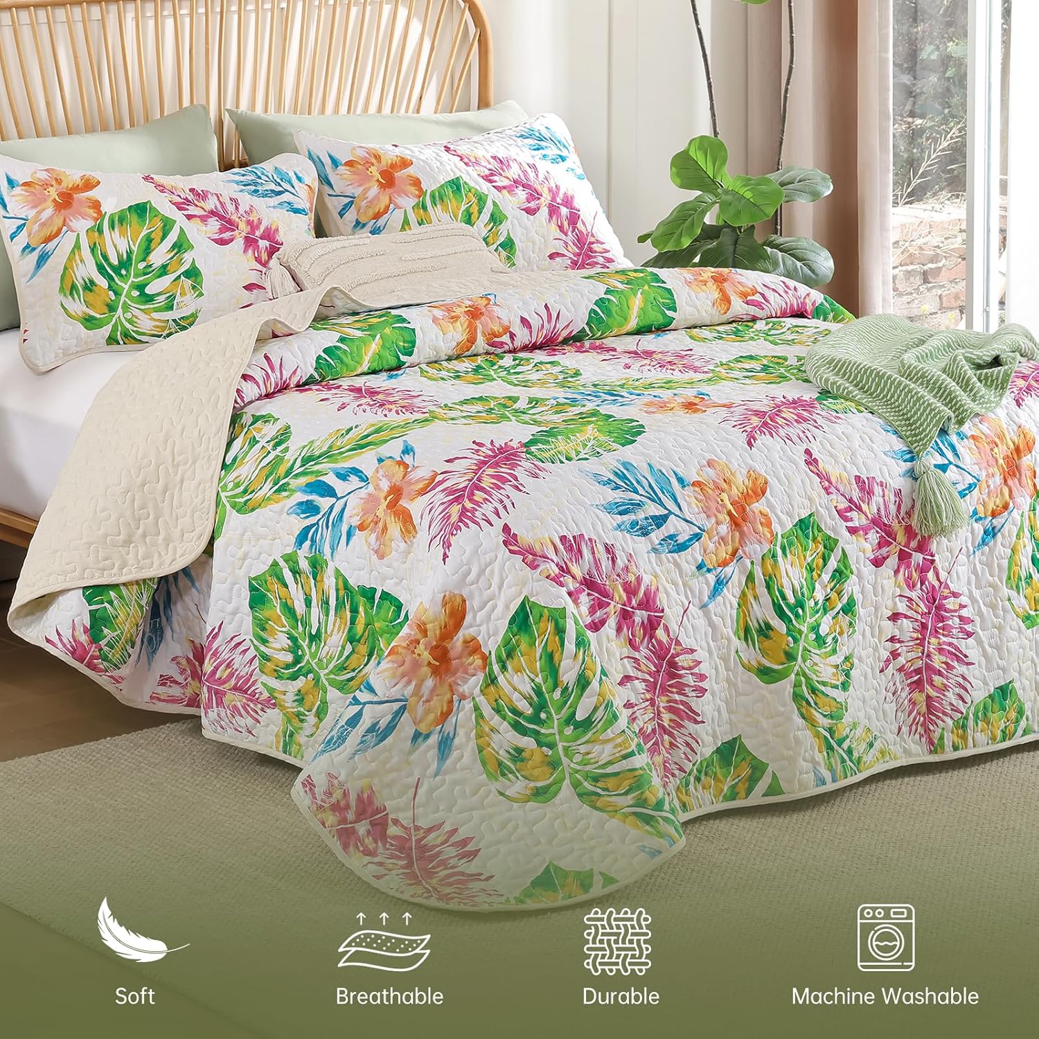 Luxudecor Tropical Plants Queen Quilt Set 3 Pieces