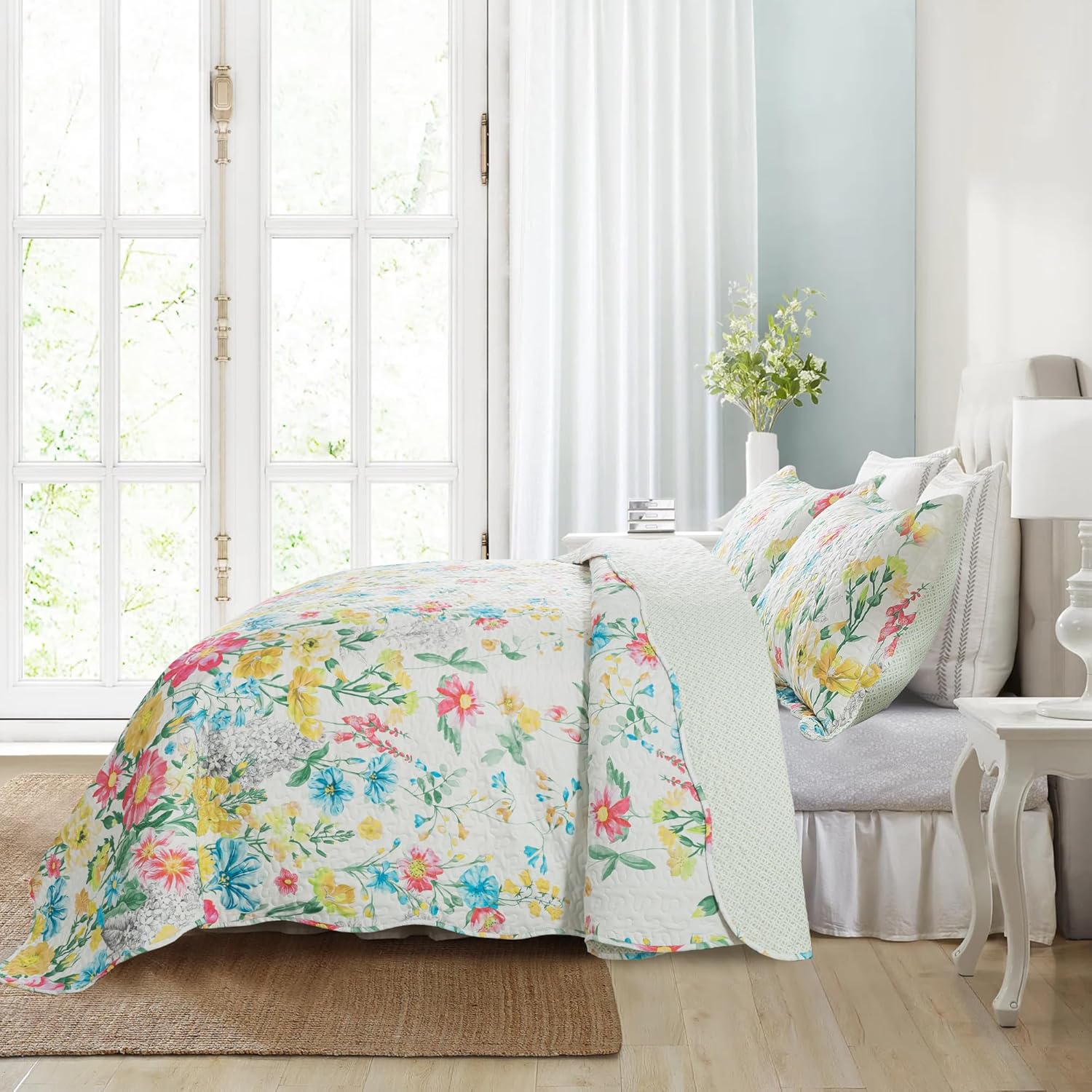 NEWLAKE Dreamy Flowers Reversible Quilt Set King Size