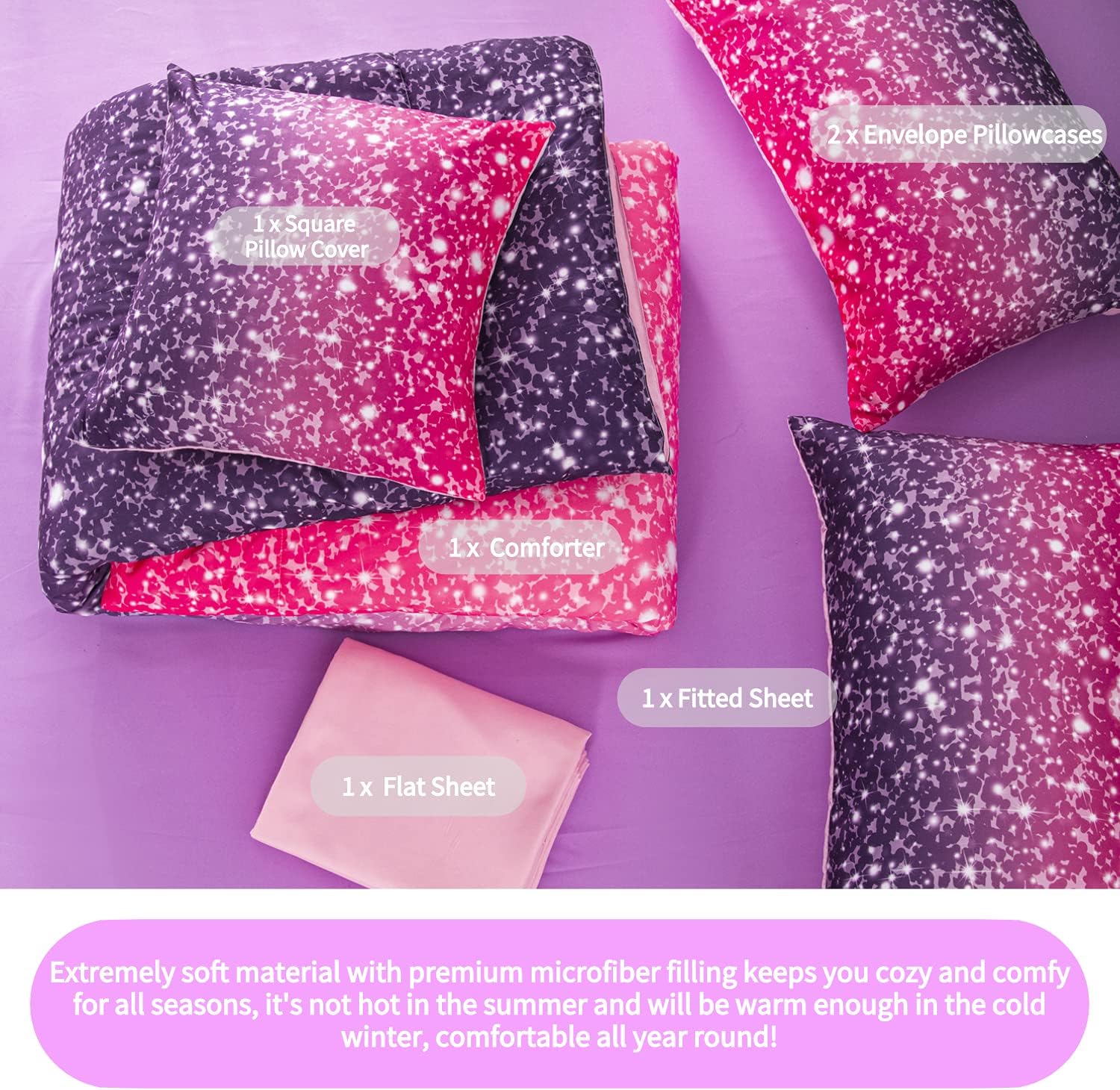 RYNGHIPY 6Pcs Twin Glitter Comforter Sets for Girls Teens Kids