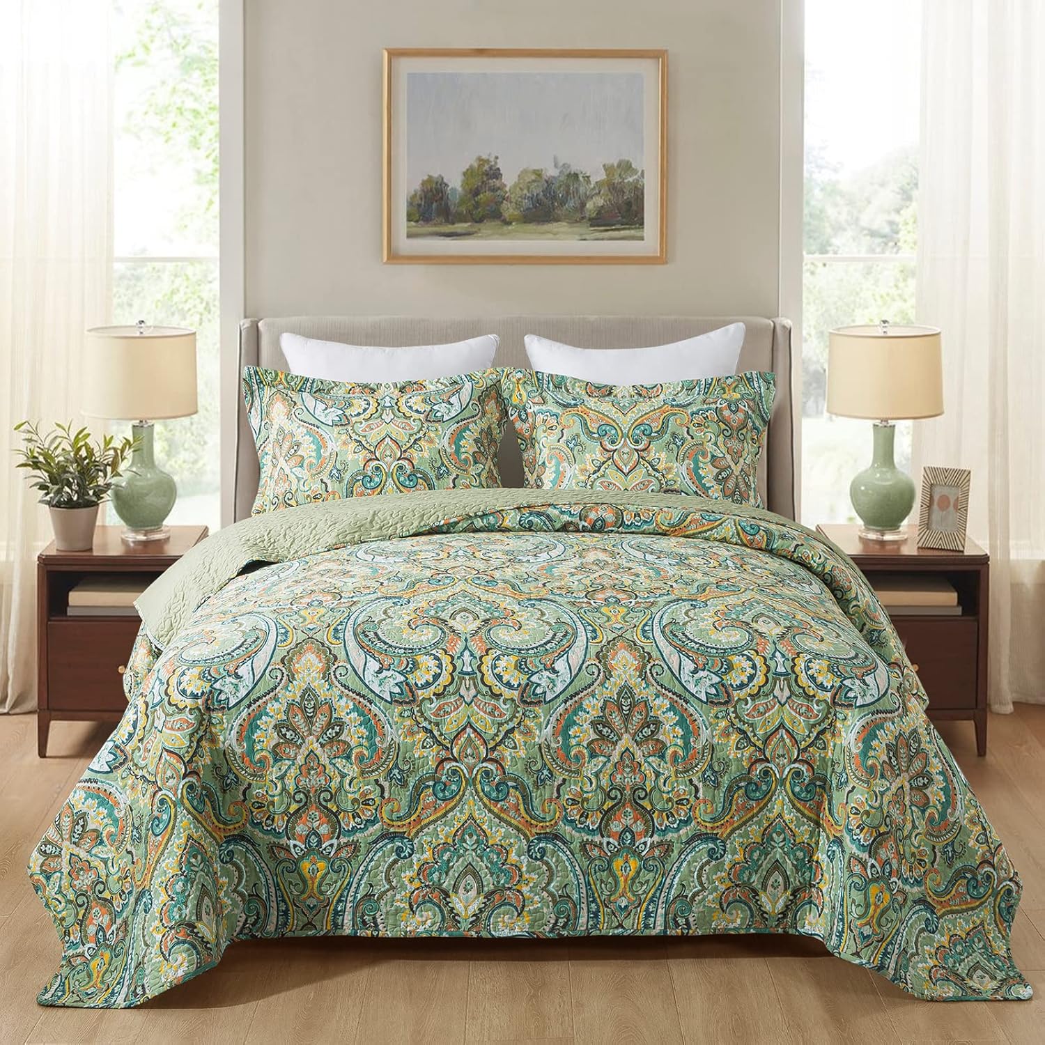 NEWLAKE Reversible Patchwork Quilt Set - European Green Floral California King