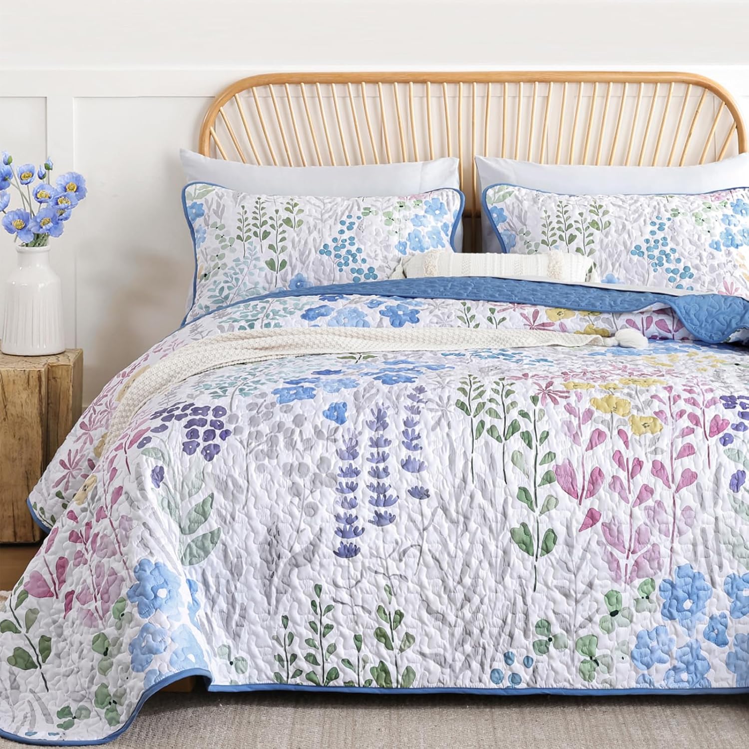 Xruibed Blue Floral Quilt Set 3 Piece King Size 1
