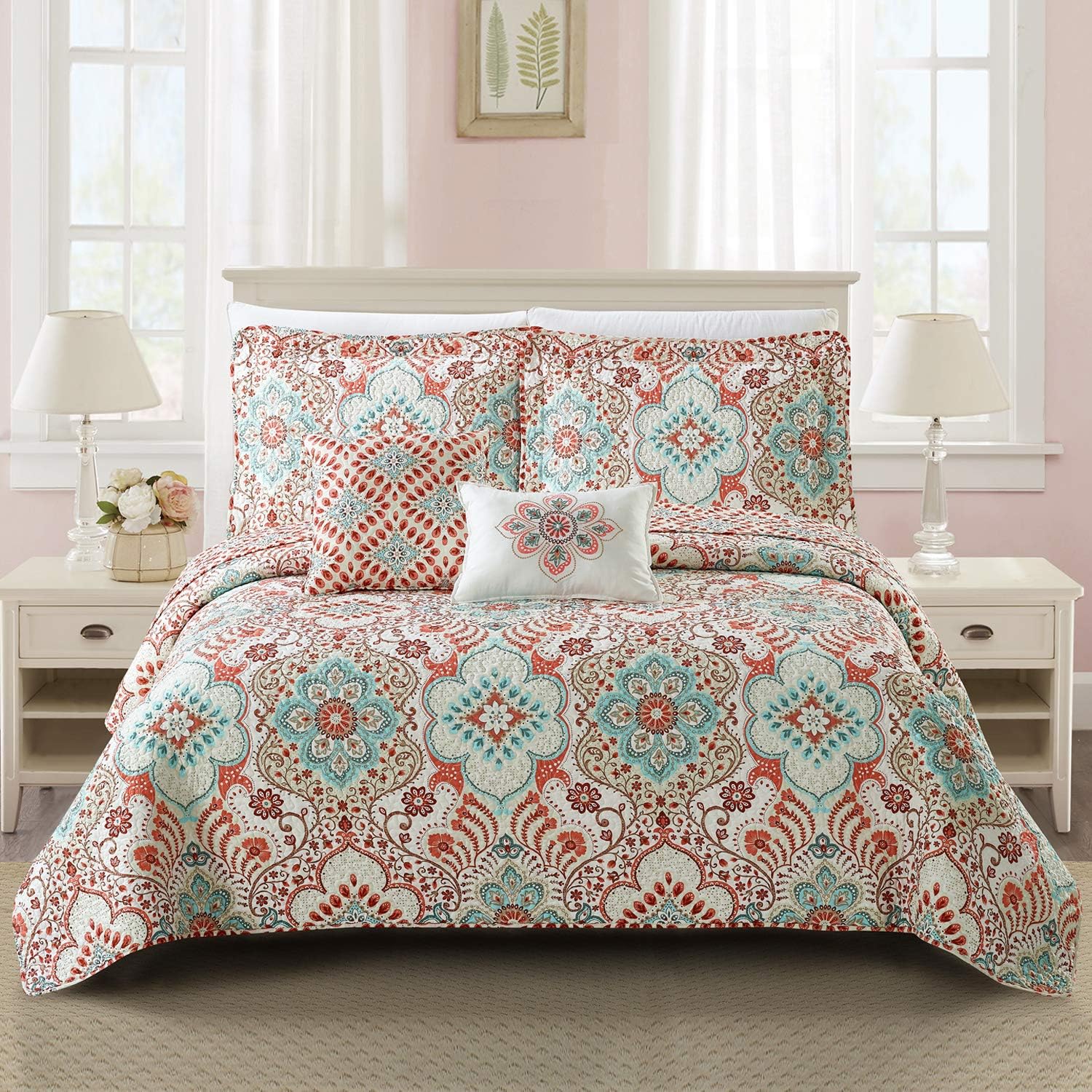 Bennington Damask Printed Microfiber Quilt Set Queen 90x90 5 Piece with Shams Pillows