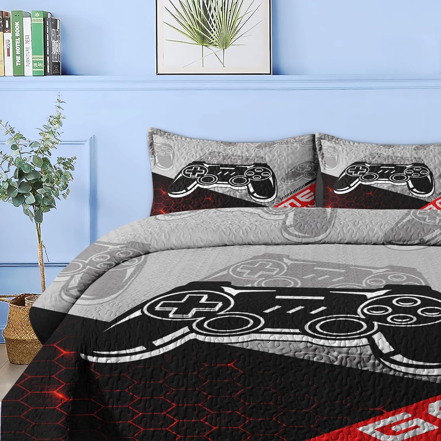 Pamnest Twin Quilt Set with Pillow Sham Red Black