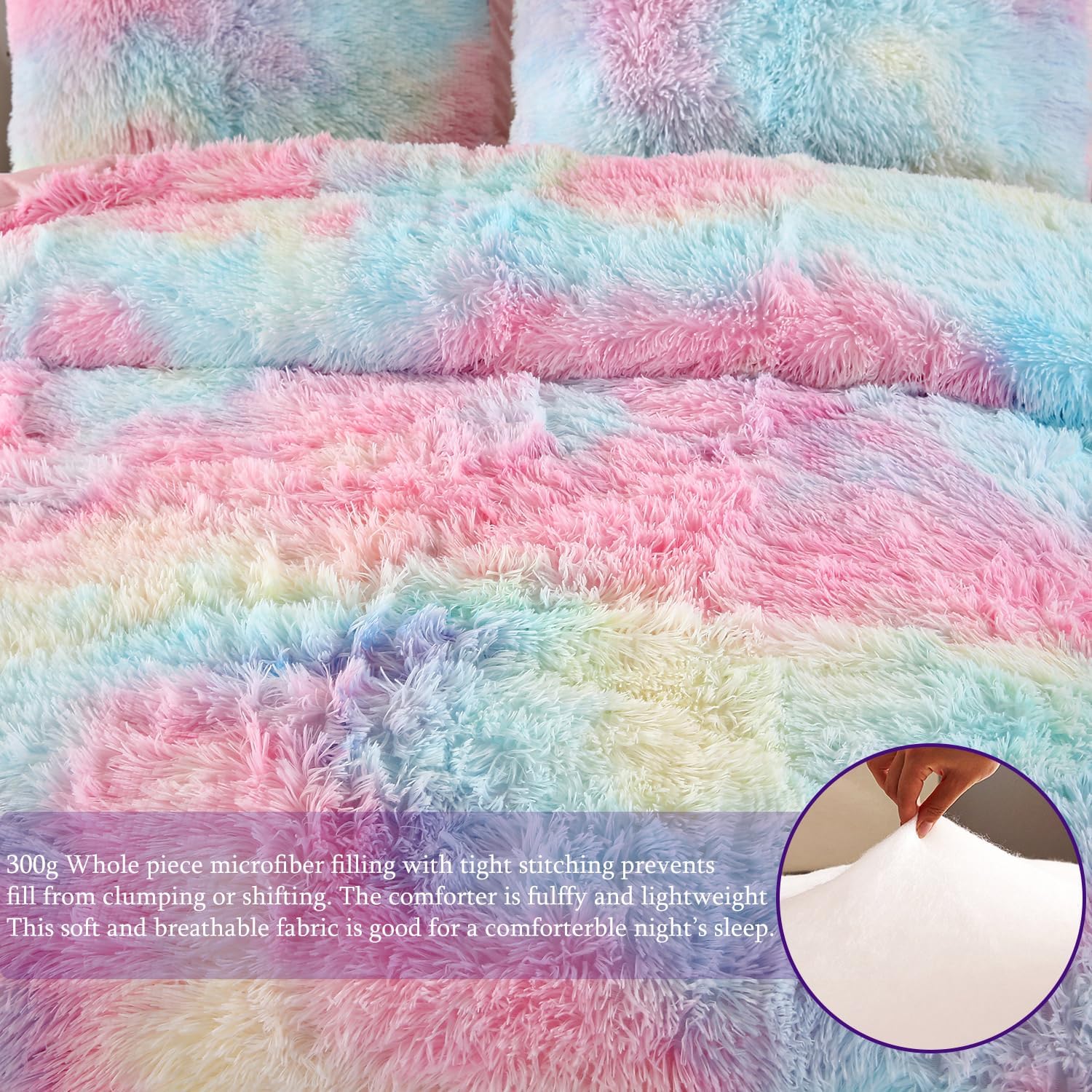 WINLIFE Rainbow Tie Dye Faux Fur Comforter Set Twin
