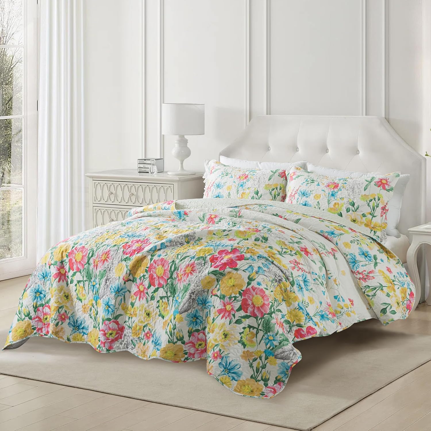 NEWLAKE Dreamy Flowers Reversible Quilt Set King Size