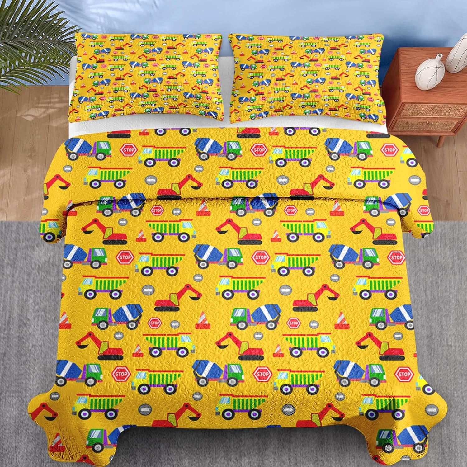 Pamnest Quilt Set Full Queen Size Cartoon Construction Car 3 Pcs