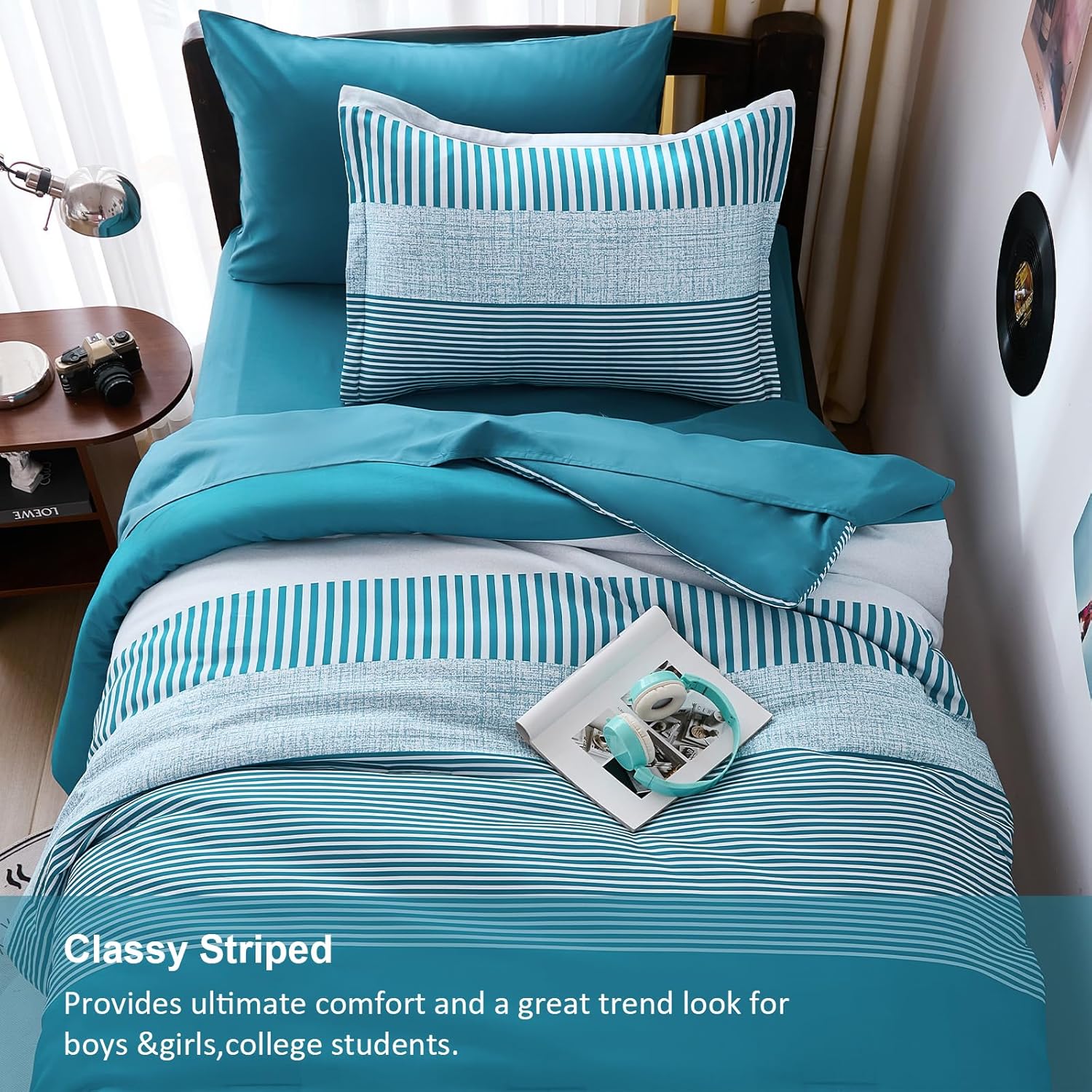 Cottolester Teal Striped Comforter Set Twin Size