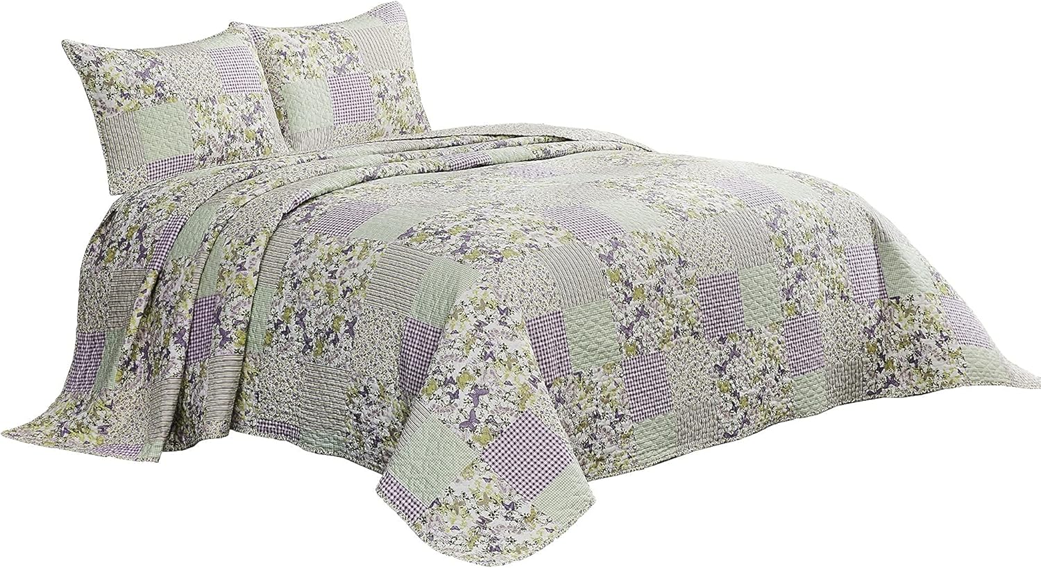 Chezmoi Daisy 3-Piece Quilt Set - Purple Butterfly Botanical Print