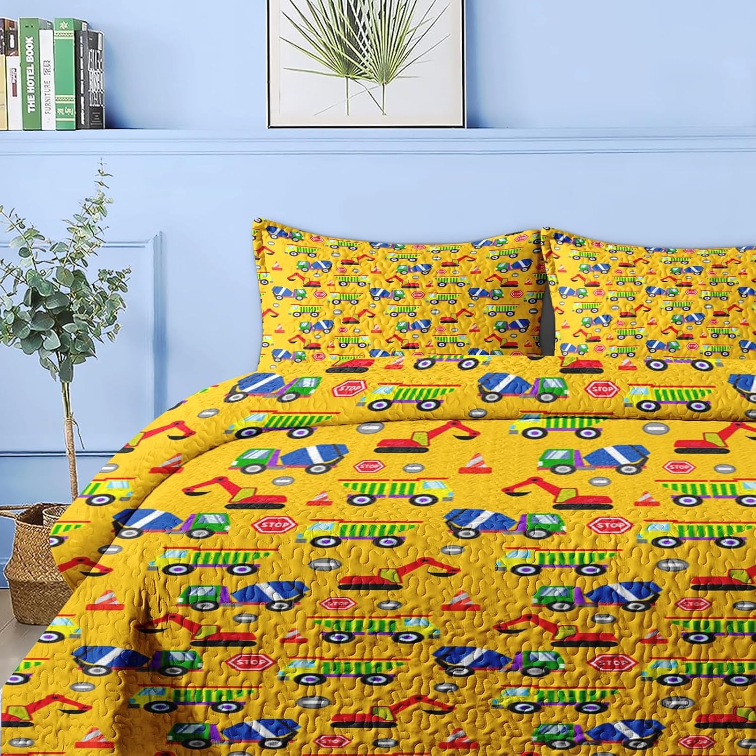 Pamnest Quilt Set Full Queen Size Cartoon Construction Car 3 Pcs