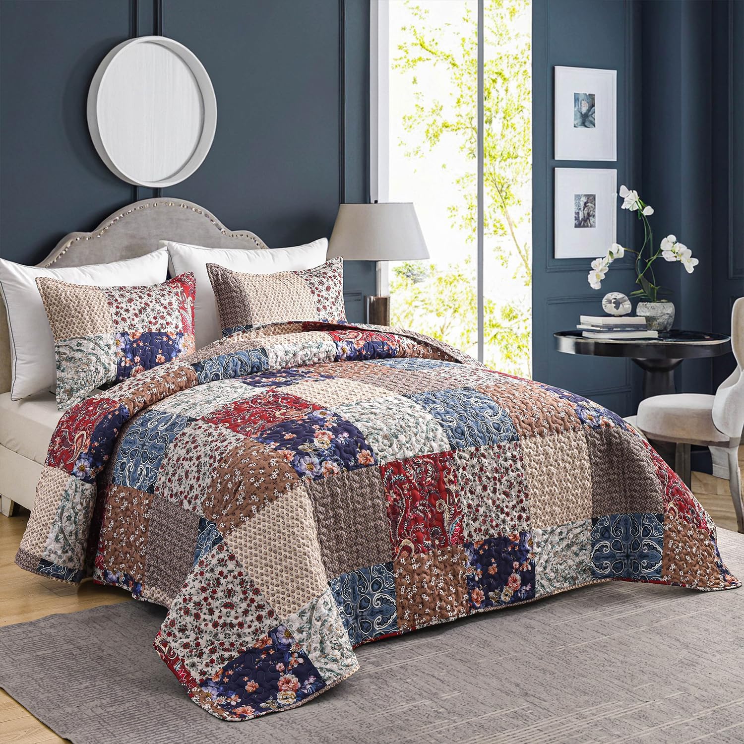DURLENGEN Floral Quilt Set Queen Size 3Pcs