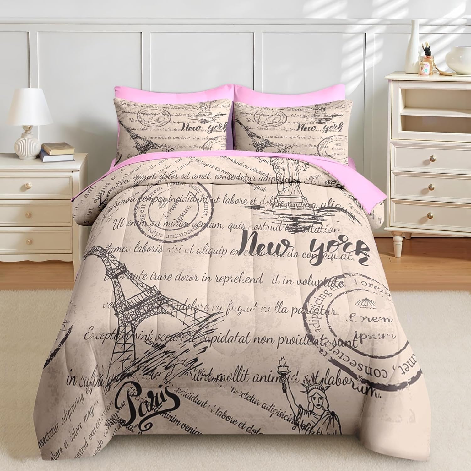 Nesker 7 Pcs Queen Comforter Set with Eiffel Tower Design