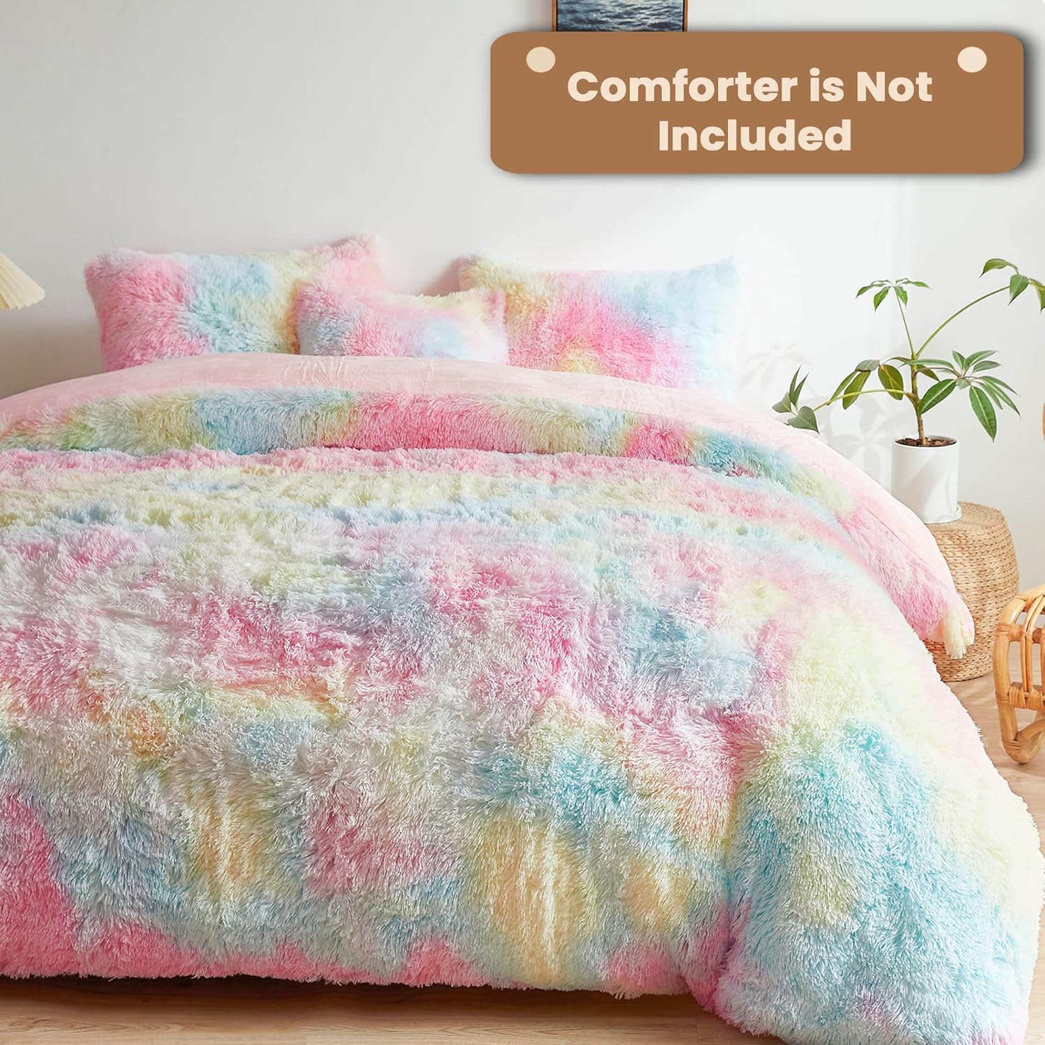 MEGO Rainbow Fluffy Duvet Cover Set Queen Size