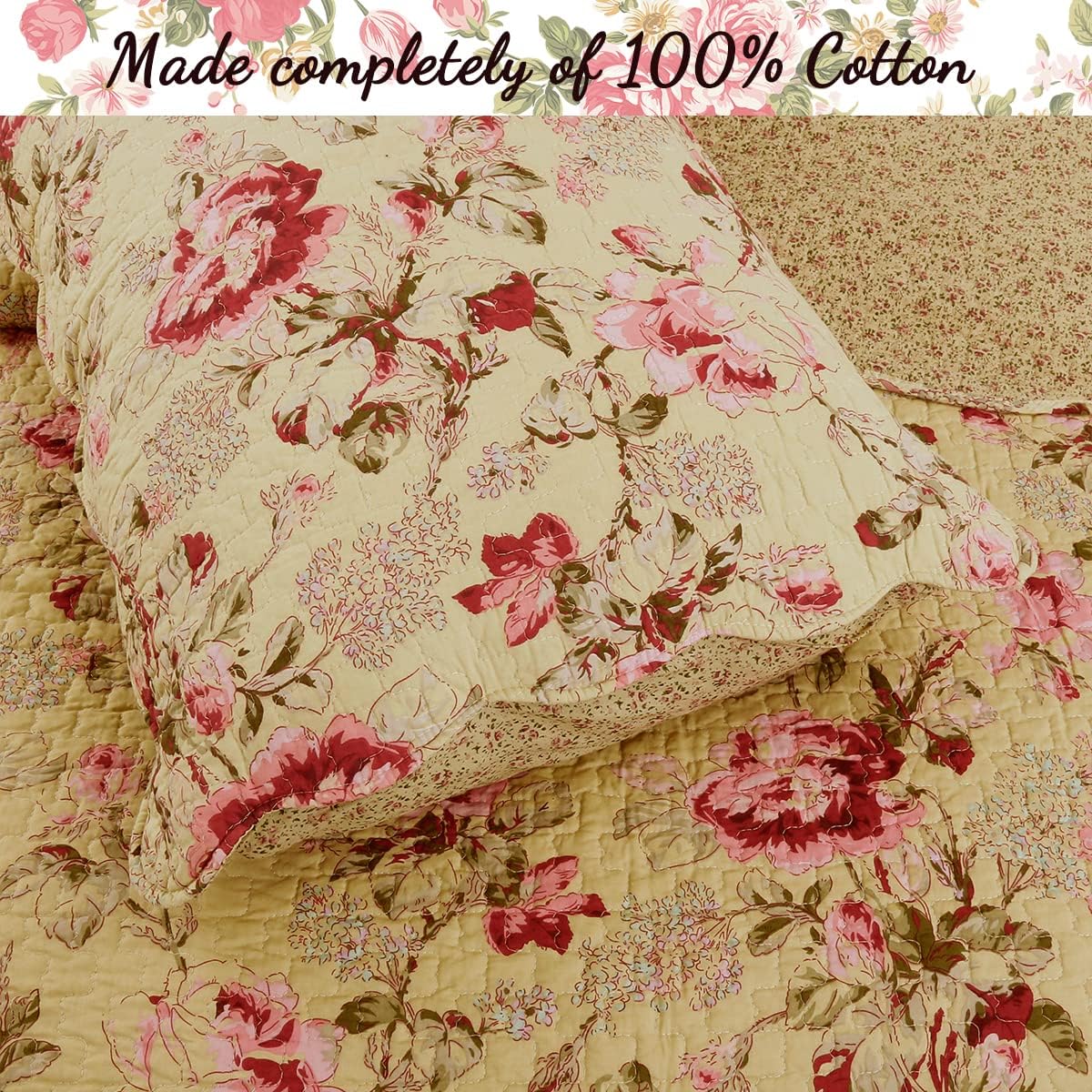 Cozy Line Lelia Pink Rose Reversible Quilt Bedding Set King - 3 Piece 1